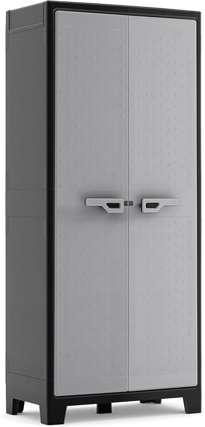 Keter Titan Kunststoffschrank, hoch, schwarz/grau, 80 x 44 x 182 cm, inkl. 4 Einlegeböden mit je 30kg Tragkraft, für drinnen und draußen, UV- und wasserbeständig, aus 70% recycelten Materialien