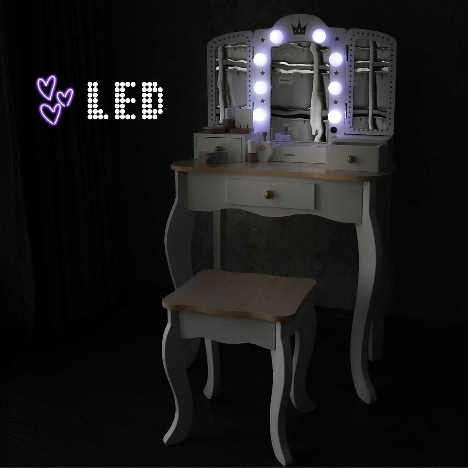 mamabrum XXL Kinder Schminktisch aus Holz mit Hocker & LED-Spiegel – Frisiertisch ab 3 Jahren mit Schublade & Beauty Zubehör – Kreatives Spielset & Schreibtisch für Mädchen