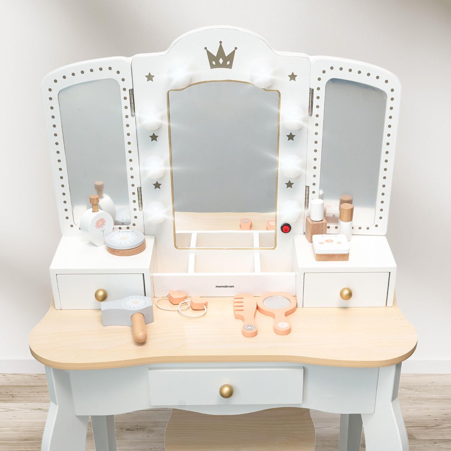 mamabrum XXL Kinder Schminktisch aus Holz mit Hocker & LED-Spiegel – Frisiertisch ab 3 Jahren mit Schublade & Beauty Zubehör – Kreatives Spielset & Schreibtisch für Mädchen