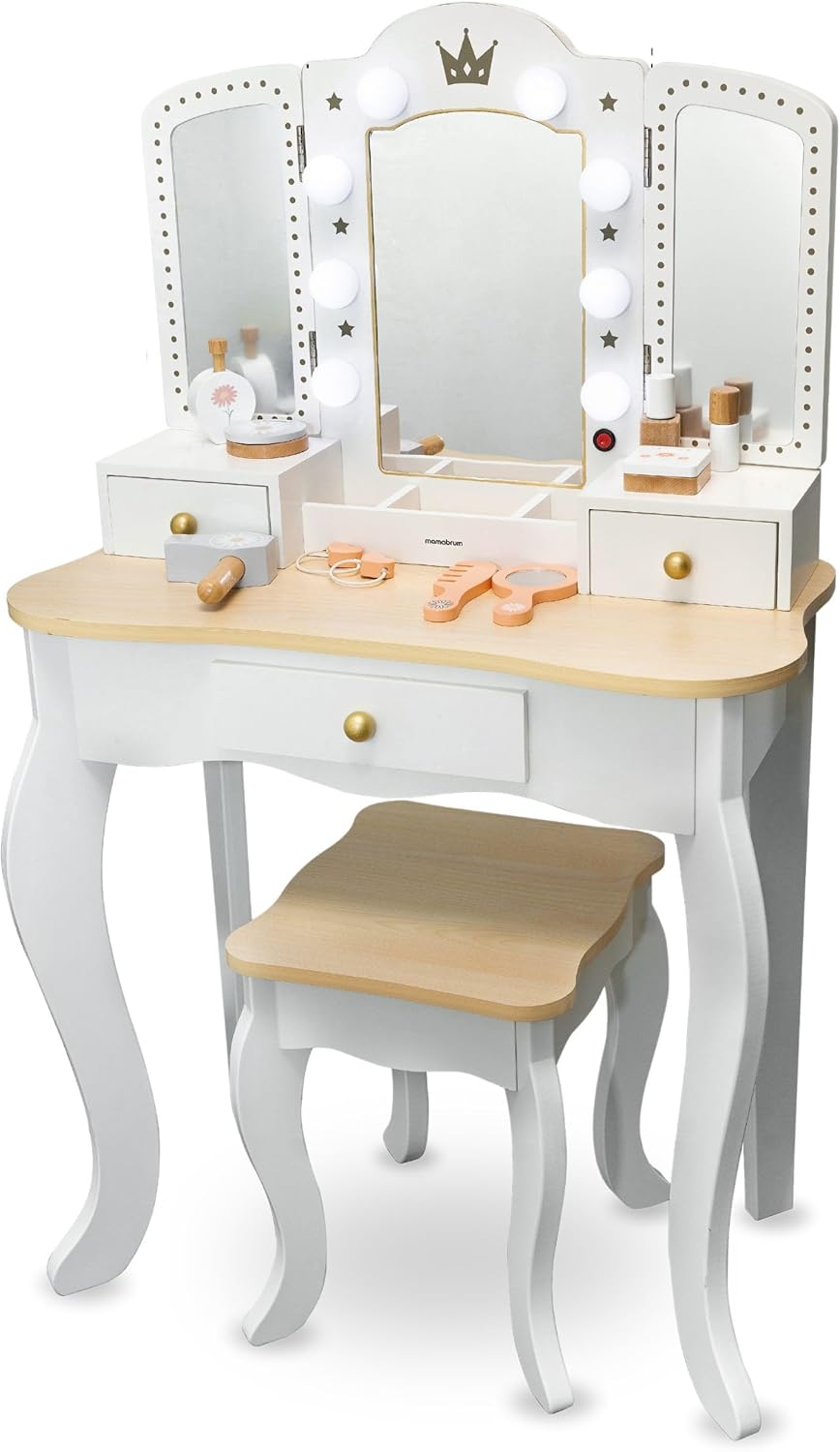 mamabrum XXL Kinder Schminktisch aus Holz mit Hocker & LED-Spiegel – Frisiertisch ab 3 Jahren mit Schublade & Beauty Zubehör – Kreatives Spielset & Schreibtisch für Mädchen