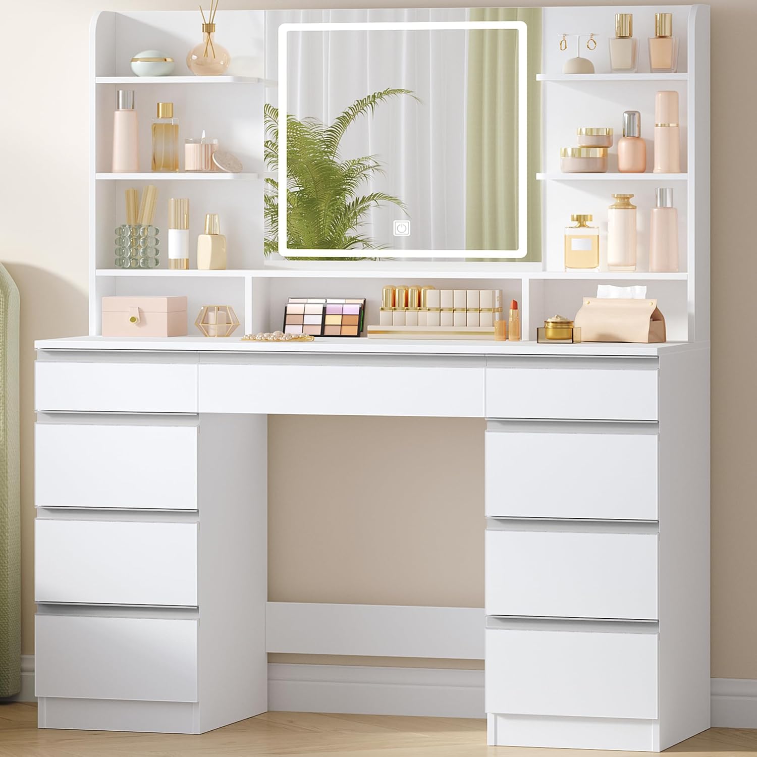 Hzuaneri Große Schminktisch mit LED-Beleuchtung, 3 Farben, Helligkeitsregulierung, Schminktisch mit Spiegel, 9 Schubladen, 9 offenen Ablagen, Moderner Stil, Weiß-Silber DT41903W