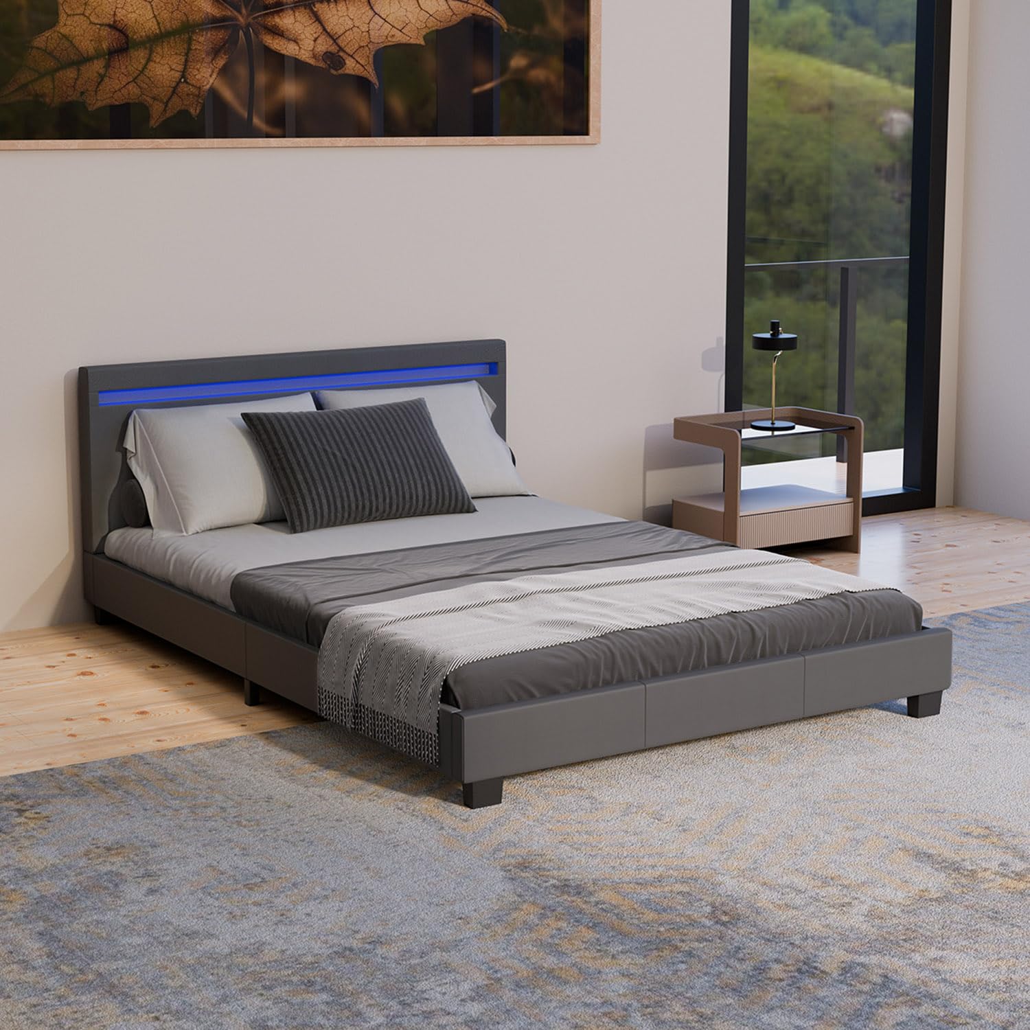 Juskys Polsterbett Paris 90x200 cm mit LED-Beleuchtung, Lattenrost & Kopfteil, Bett mit Gestell aus Holz & Webstoff Bezug, grau