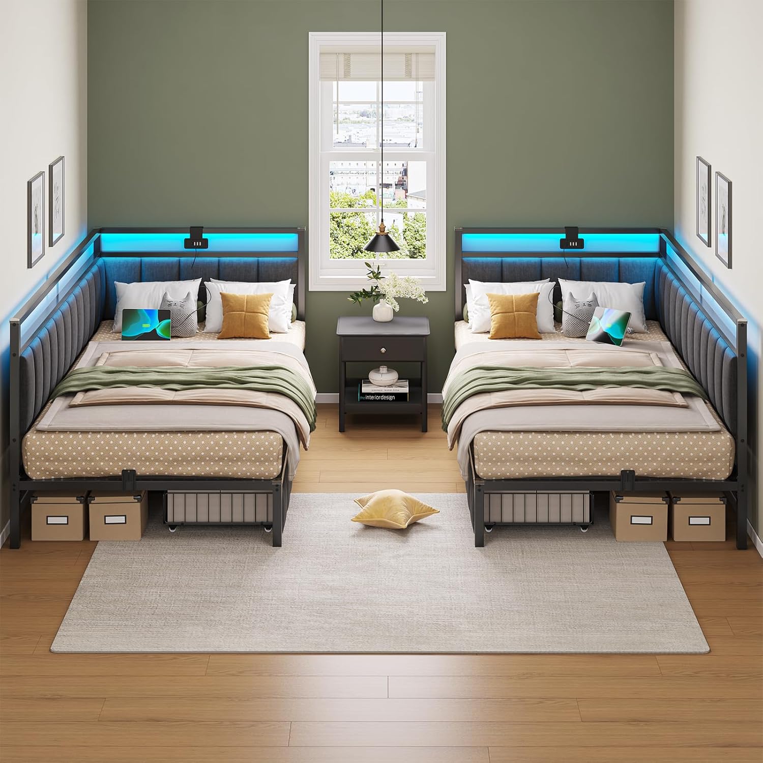 DICTAC Polsterbett Schlafsofa mit LED & USB, Metallrahmen, 2 Schubladen, modern