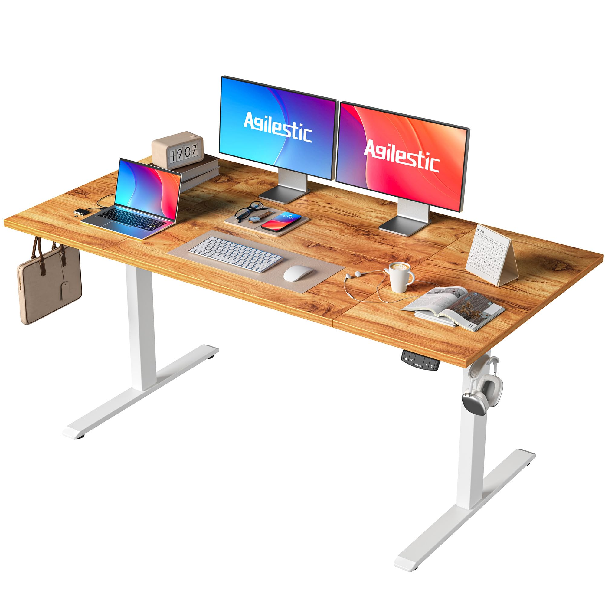 Agilestic Elektrisch Höhenverstellbarer Schreibtisch 120x80 cm, Sitz-Steh Stehpult mit Memory-Funktion, Höhenverstellbarer Computertisch, Gaming-Schreibtisch mit Vierteiliger Tischplatte,Weiß