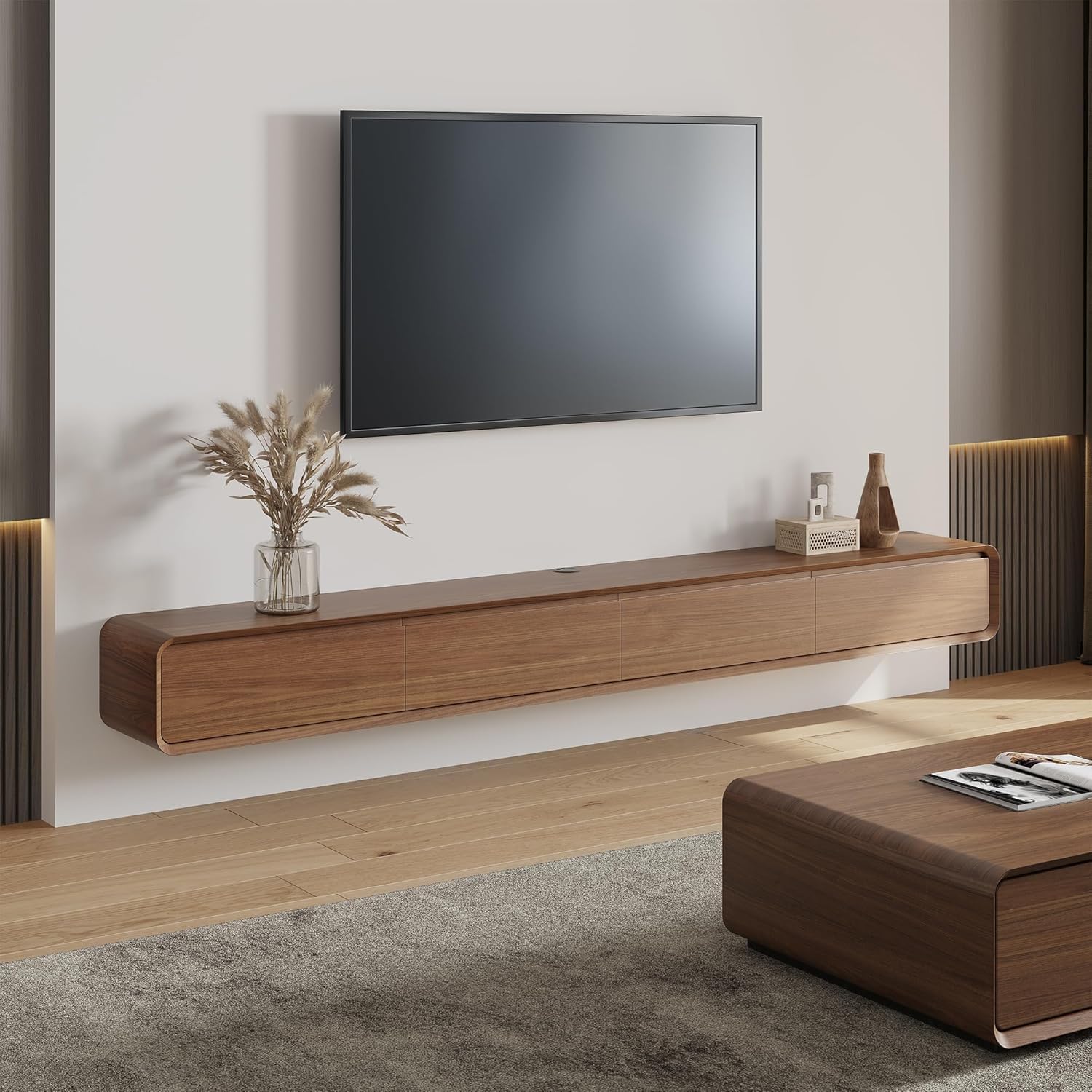 POVISON TV Schrank schwebend 160cm schwarz modern Walnussholz aus Massivholz mit 3 Schubladen, TV Lowboard hängend mit Kabelmanagement hochwertig, Komplettmöbel mit Stauraum für Wohnzimmer