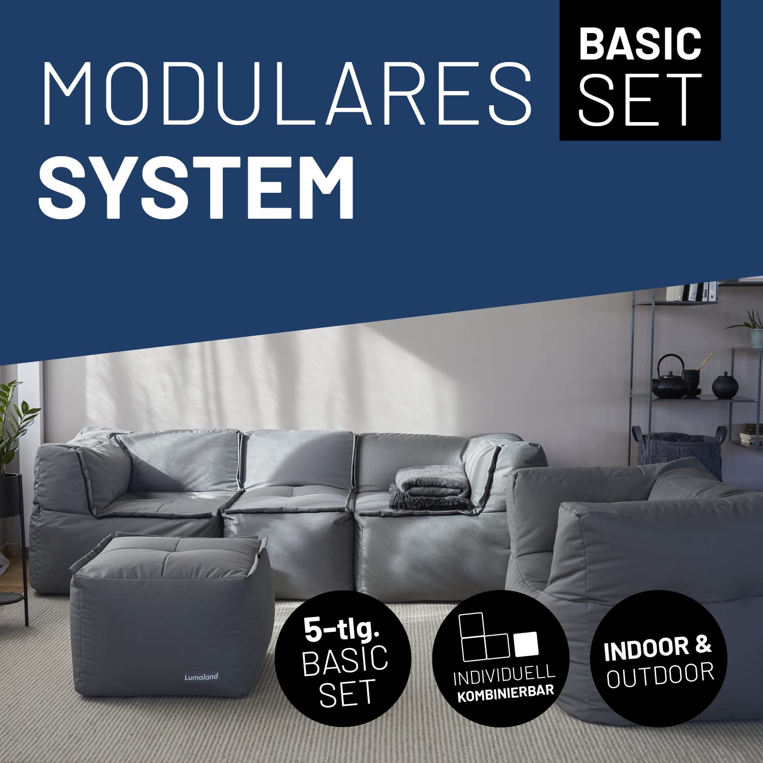 Lumaland Modulares Basic Set - Cord-Reihe | Indoor Sitzsäcke mit Softer Struktur, ideal Sofa Modulen & zum Pouf | Bean Bag mit Füllung - für Wohnzimmer & Co.
