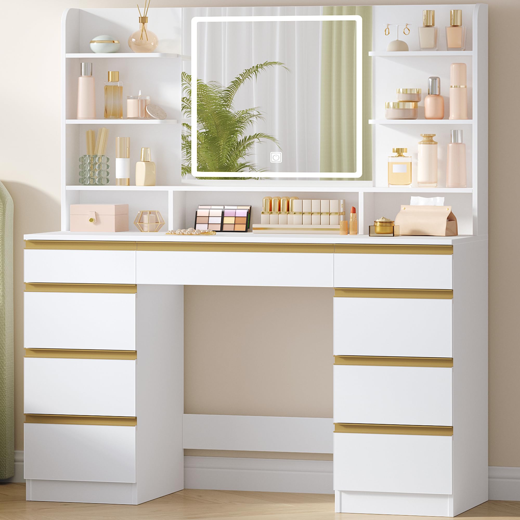 Hzuaneri Große Schminktisch mit LED-Beleuchtung, 3 Farben, Helligkeitsregulierung, Schminktisch mit Spiegel, 9 Schubladen, 9 offenen Ablagen, Moderner Stil, Weiß-Silber DT41903W