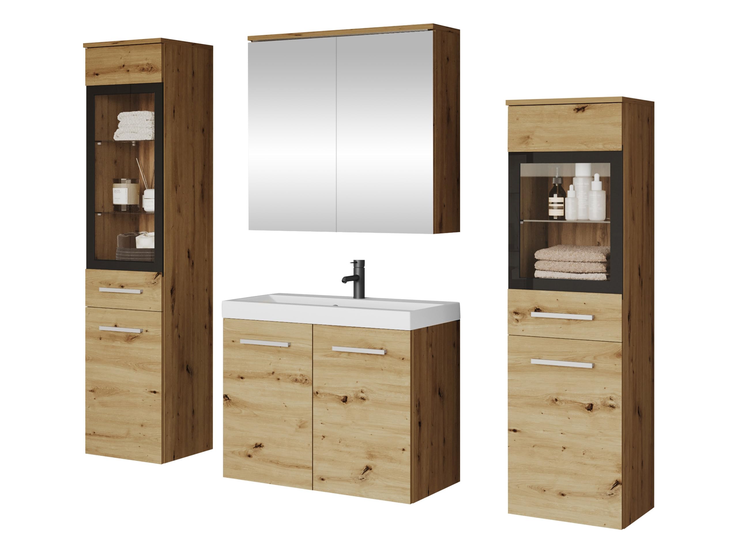 Mirjan24 Badmöbel Set Madrit II mit Waschbecken und Siphon, Komplettprogramme für Spiegelschrank, Waschtisch, Hochschrank (Kastanien Breslau/Grau Hochglanz, ohne Beleuchtung)