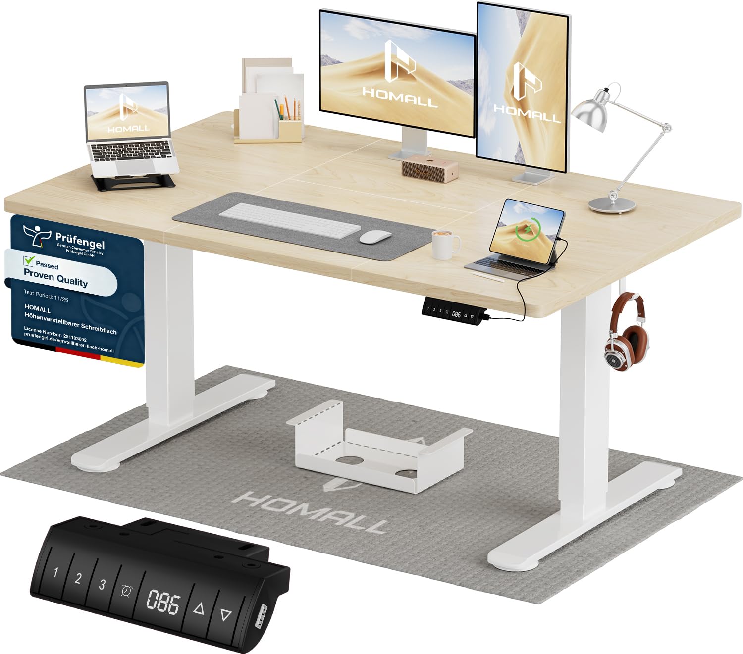 Homall Höhenverstellbarer Schreibtisch 140x70cm mit USB-A Ladeanschluss, Elektrischer Schreibtisch mit Kabel Management Tray, Standing Desk mit 3 Memory Funktion, Computertisch Weiß