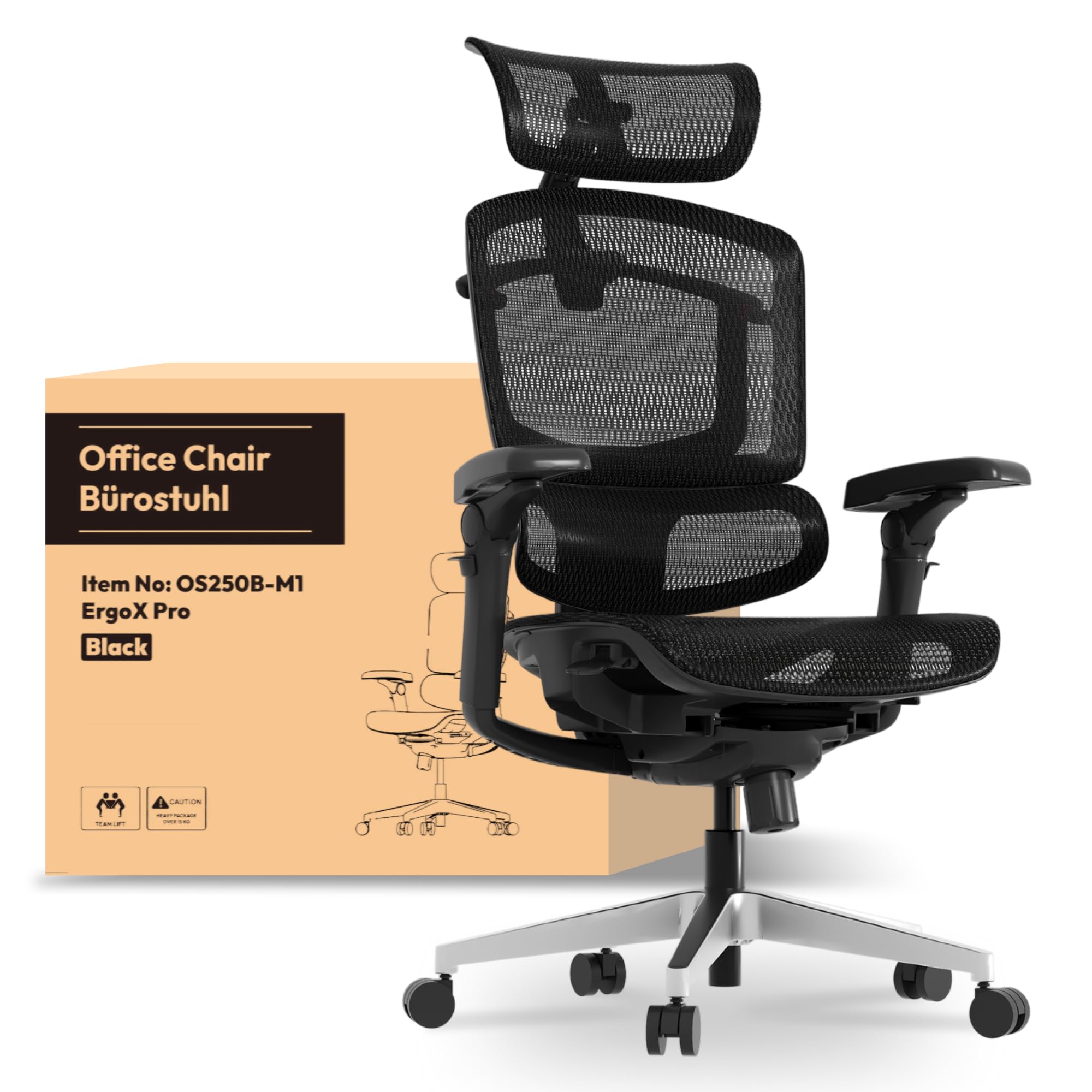 FLEXISPOT Ergonomischer Bürostuhl Schreibtischstuhl mit Fußstütze, 3D-Armlehnen, 3D-Kopfstütze, 5D-Rückenlehne, Atmungsaktiver Sitz Belastbar bis 136 kg Arbeitsstuhl, ErgoX, Schwarz