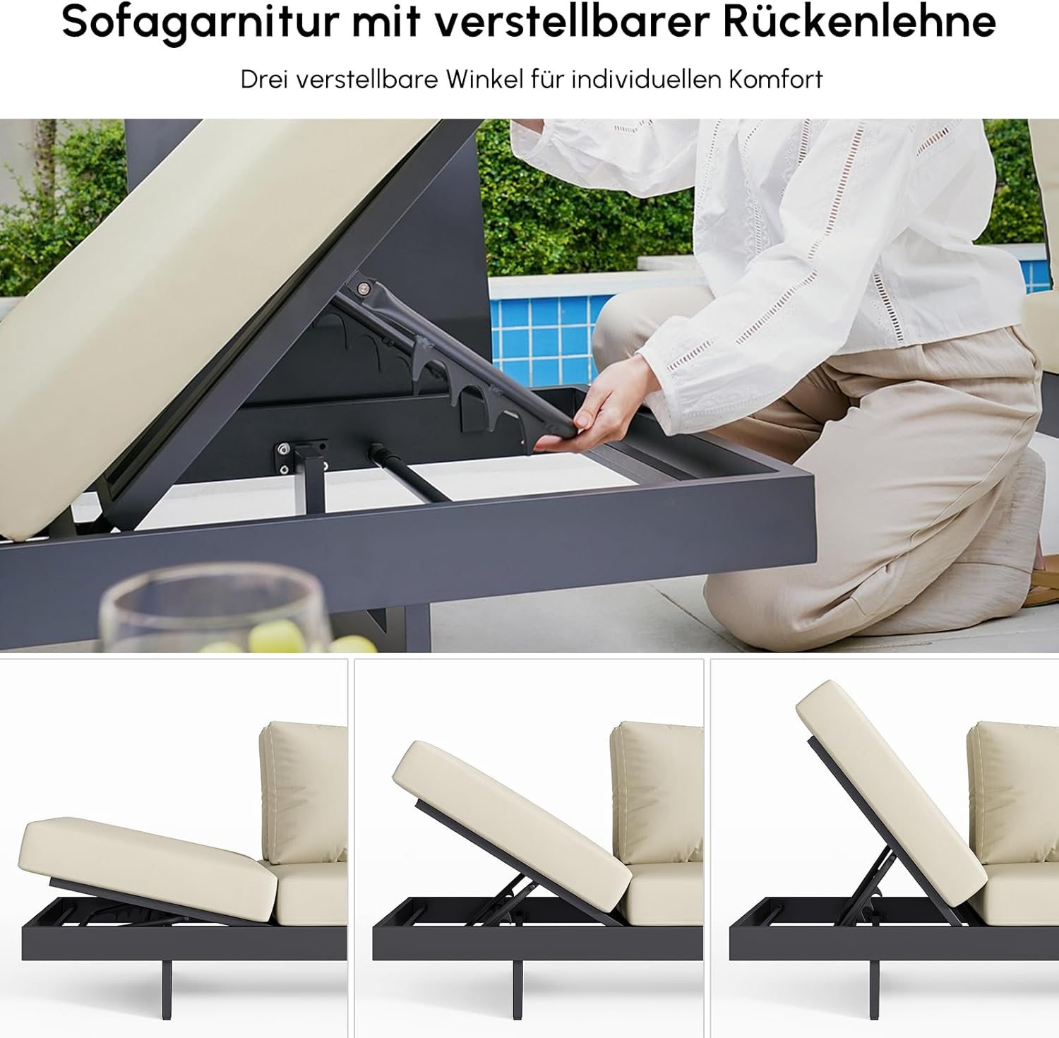 Homary 6-teiliges Outdoor Sofa Set – Aluminium & Teak Gartenlounge mit Feuerstelle, modular, wetterfest
