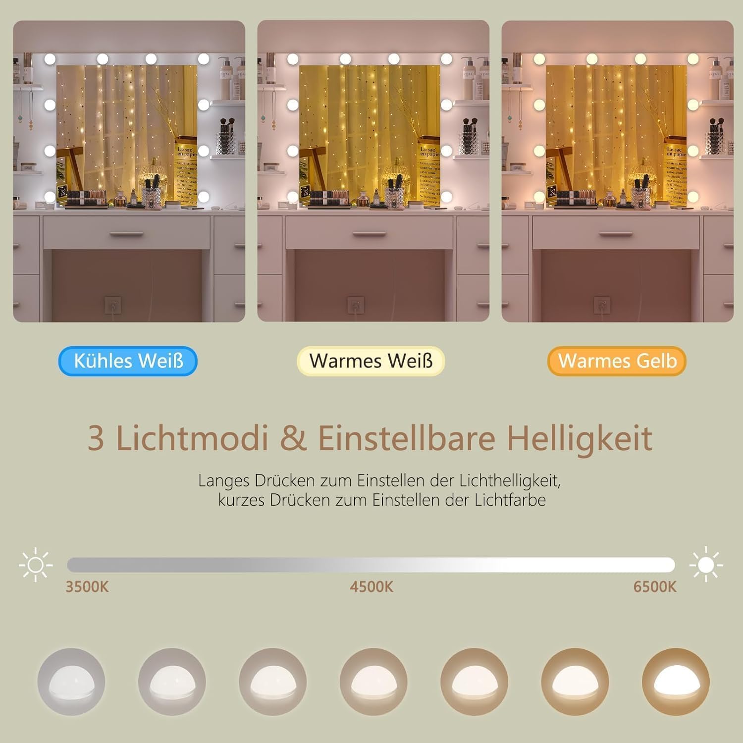 TEENFON Schminktisch mit LED Spiegel & Steckdosen, 7 Schubladen, Weiß