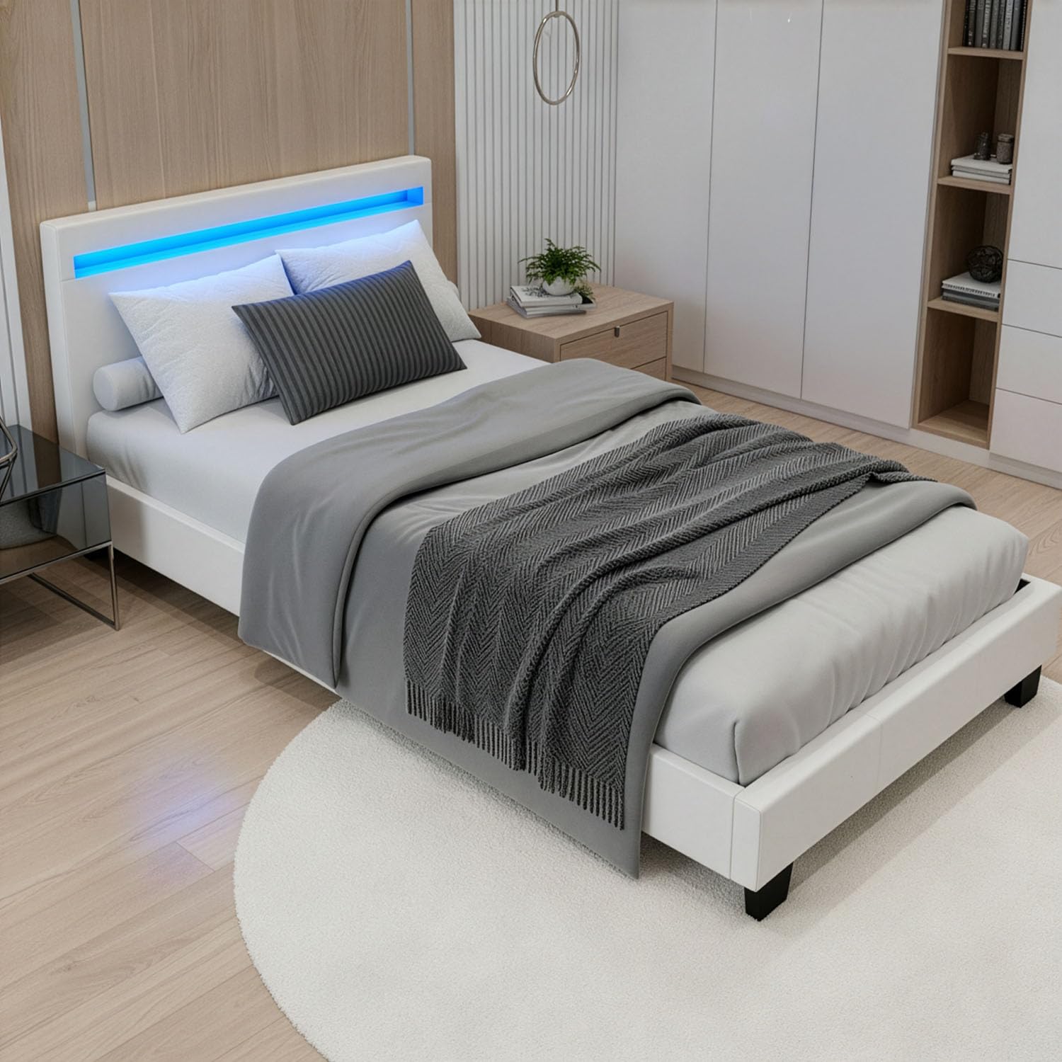 Juskys Polsterbett Paris 90x200 cm mit LED-Beleuchtung, Lattenrost & Kopfteil, Bett mit Gestell aus Holz & Webstoff Bezug, grau