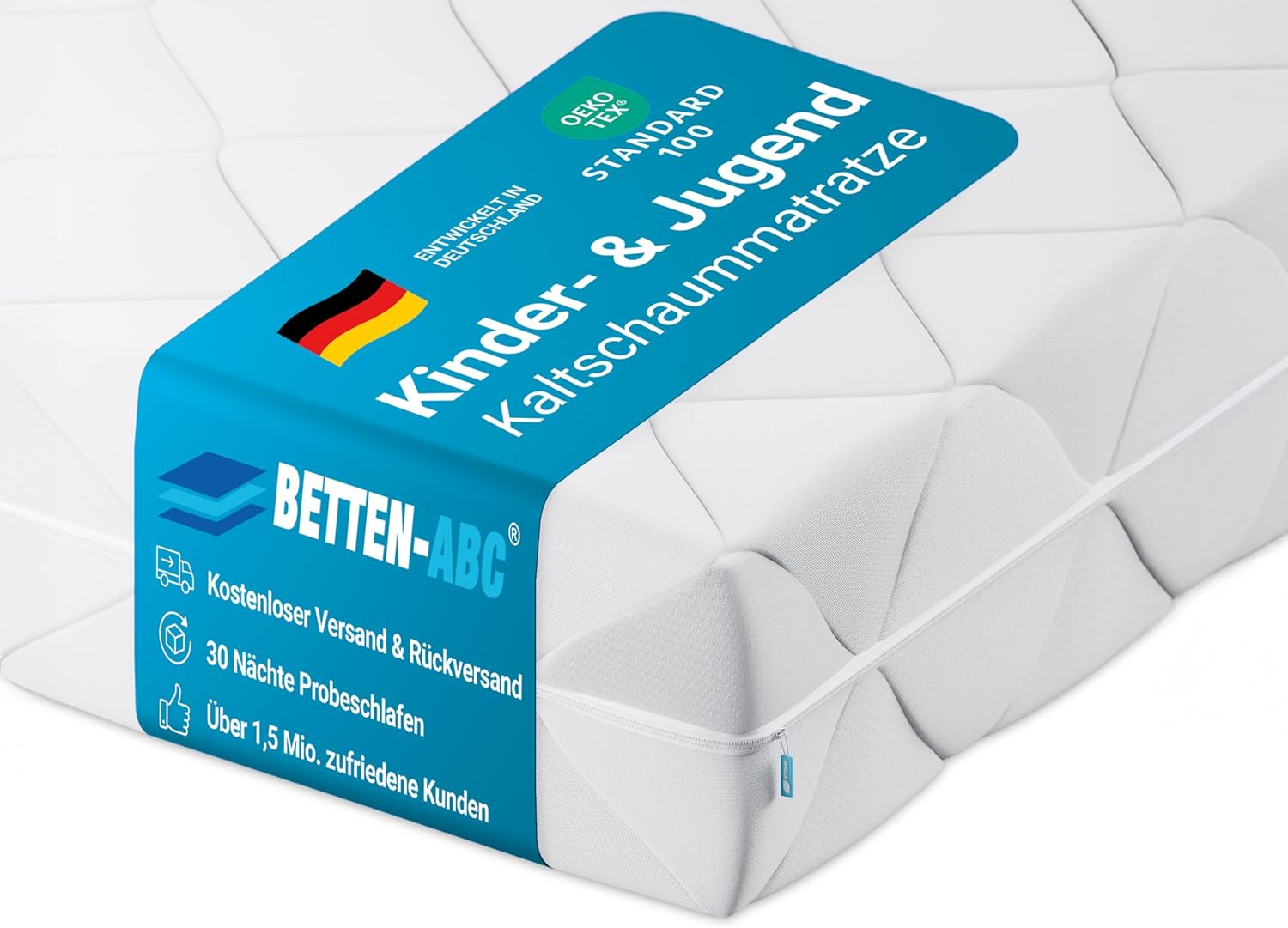 Betten-ABC - Matratze für Kinder & Jugendliche - 140x200 cm - Spezieller Härtegrad & Oeko-TEX-Zertifiziert - Optimale Hygiene Dank abnehmbarem & waschbarem Polyester-Bezug - Lieferung per Paket