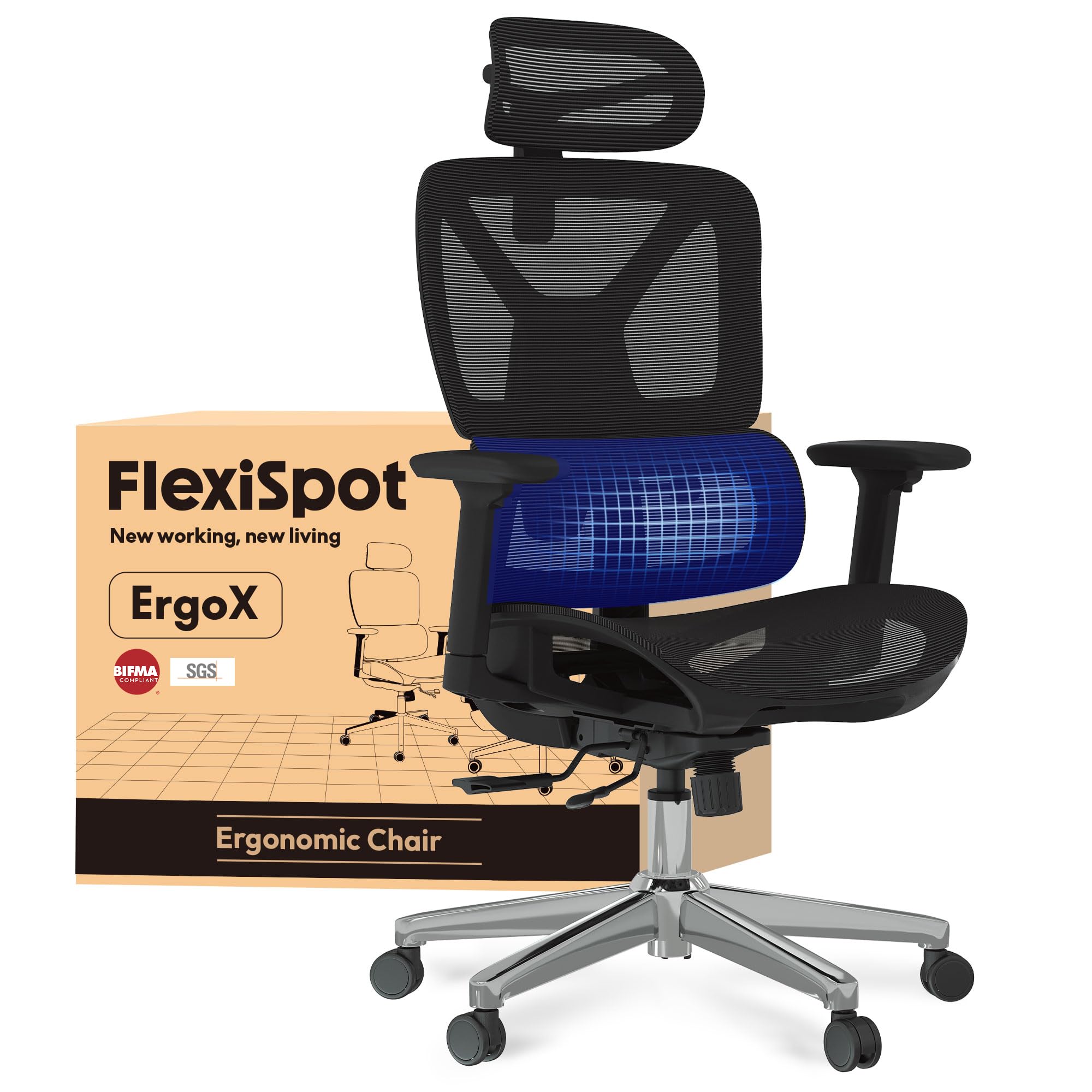 FLEXISPOT Ergonomischer Bürostuhl Schreibtischstuhl mit Fußstütze, 3D-Armlehnen, 3D-Kopfstütze, 5D-Rückenlehne, Atmungsaktiver Sitz Belastbar bis 136 kg Arbeitsstuhl, ErgoX, Schwarz