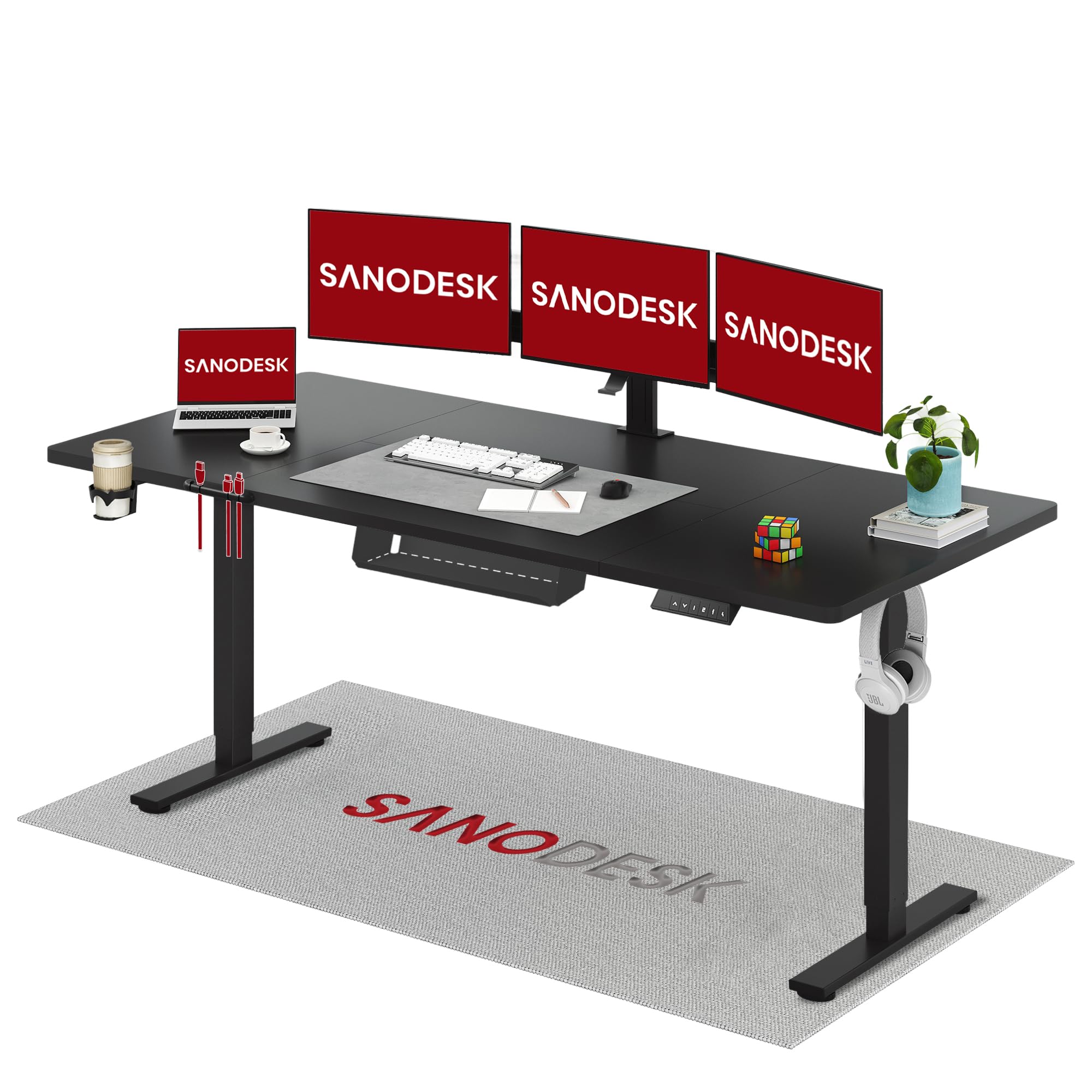 SANODESK Höhenverstellbarer Schreibtisch 200×80 cm – XXL Standing Desk mit 70 kg Tragkraft, Anti-Kollisions-Schutz & vielseitigem Zubehör, ideal für Teamarbeit oder Studio(Weiß)