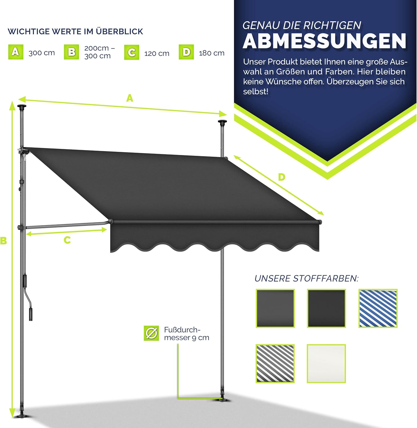 tillvex Balkonmarkise Klemmmarkise – UV50+, Wasserdicht, Höhen- und Winkelverstellbar