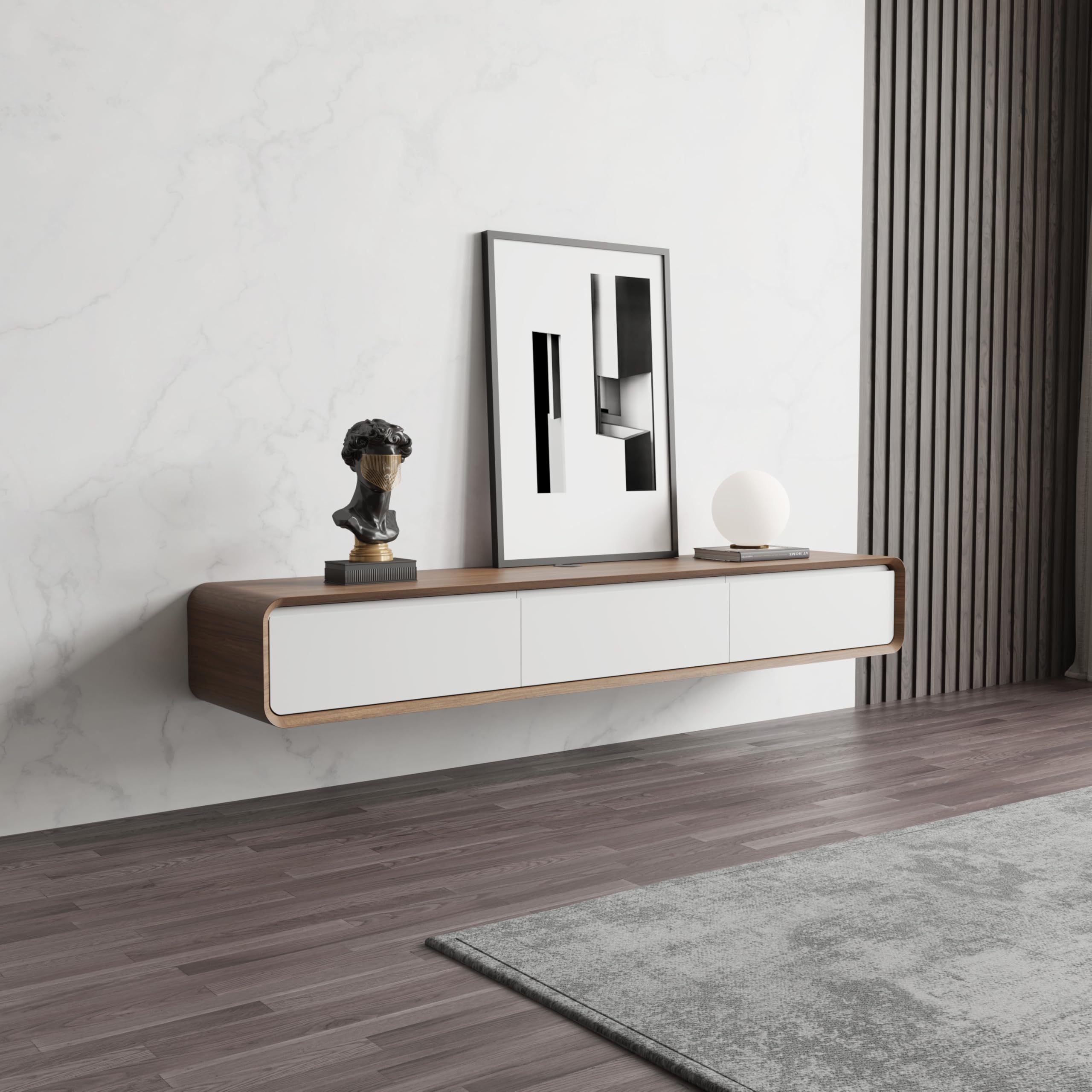 POVISON TV Schrank schwebend 160cm schwarz modern Walnussholz aus Massivholz mit 3 Schubladen, TV Lowboard hängend mit Kabelmanagement hochwertig, Komplettmöbel mit Stauraum für Wohnzimmer