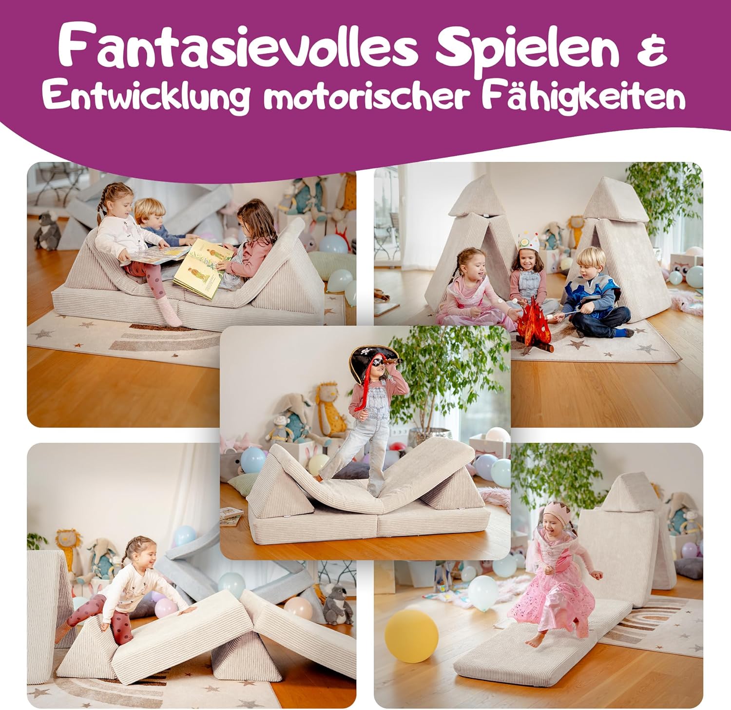 Linodino® Spielsofa Cord | Kindersofa aus Schaumstoff Bausteine - Spielsofa für Kinder & Kuschelecke im Kinderzimmer | Kindercouch | Oeko-TEX 100 Zertifiziert | Elfenzauber Beige