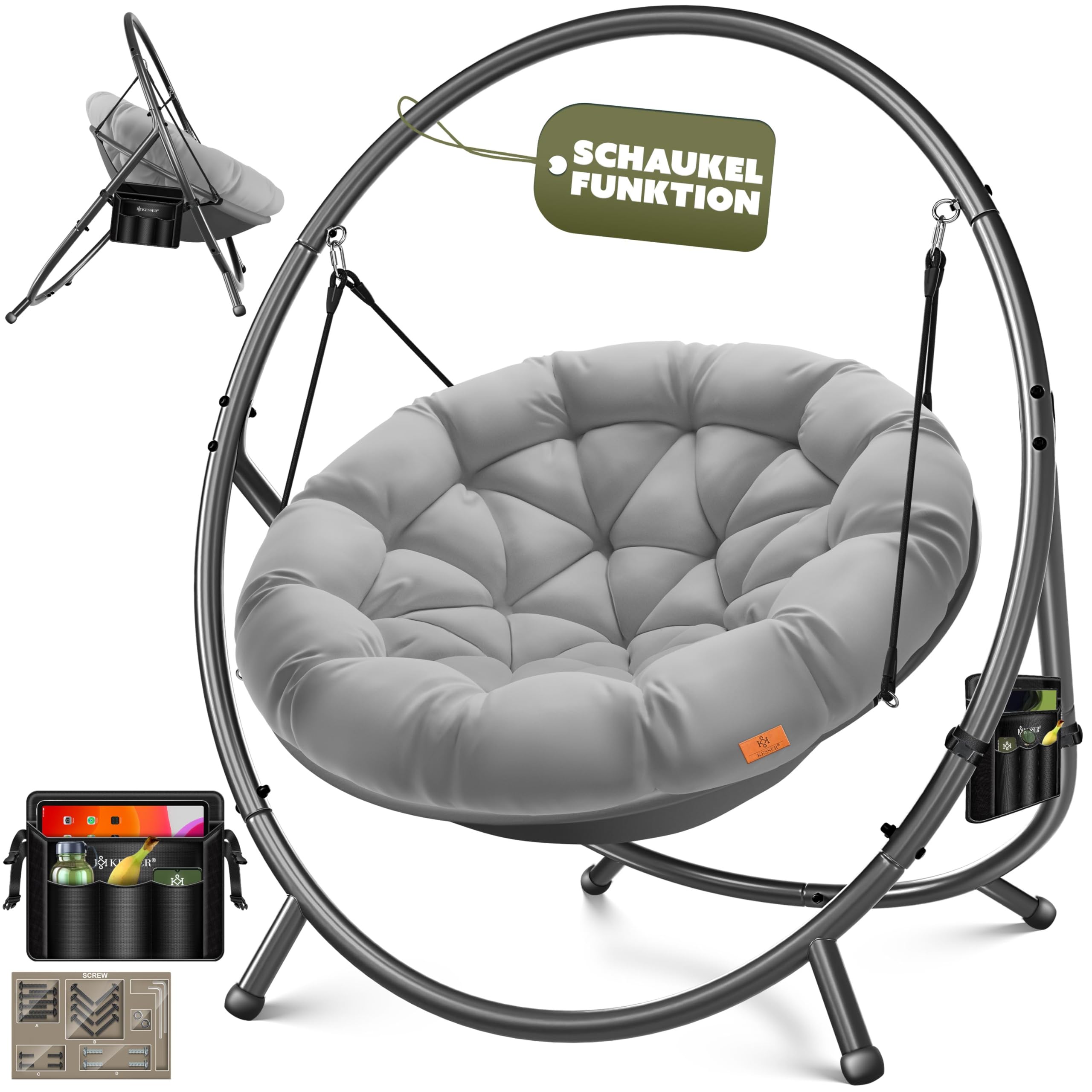 KESSER® Hängesessel mit Gestell Bali Hängeschaukel Hängestuhl bis 150kg für Indoor und Outdoor + Kissen & Seitentasche Hängekorb Stahlgestell & Schaumstoff Sitzpolster ideal für Wohnzimmer & Garten