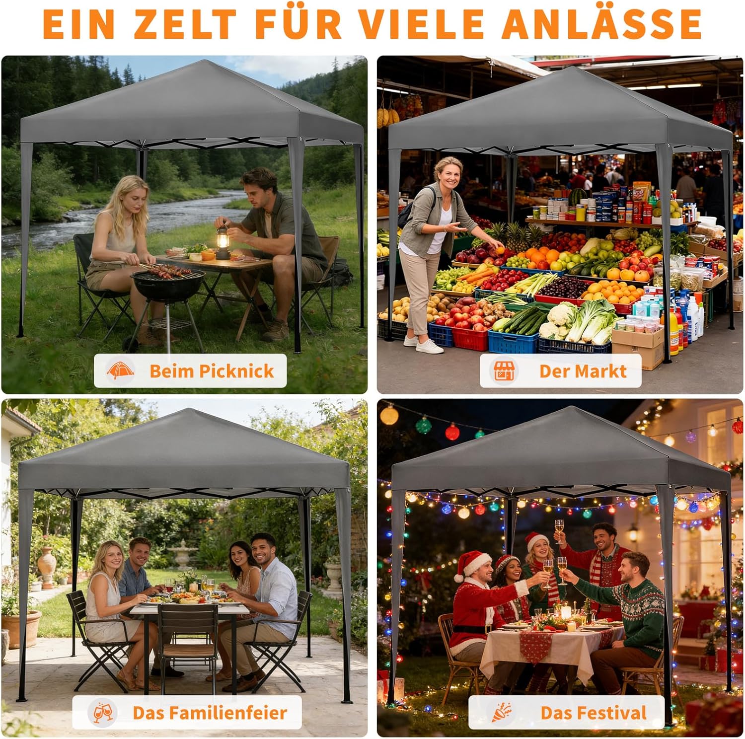 ISE Pavillon 3x3 m Faltpavillon mit Seitenwänden Grau aus Stahl UV50+