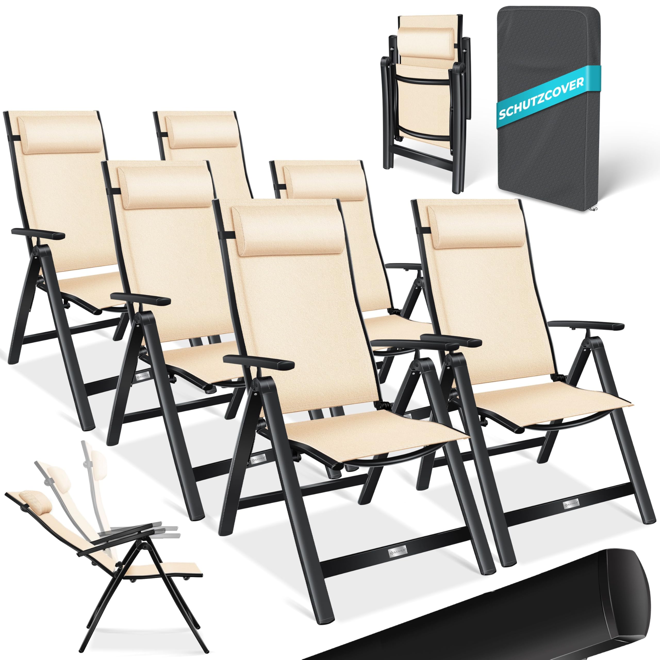 KESSER® Gartenstuhl Hochlehner mit Armlehnen 2er Set Aluminium Klappstuhl mit Kopfkissen & Abdeckung Campingstuhl 7-Fach Verstellbar Rückenlehne Atmungsaktiv Wetterfest Klappbar Anti-Rutsch, Anthrazit
