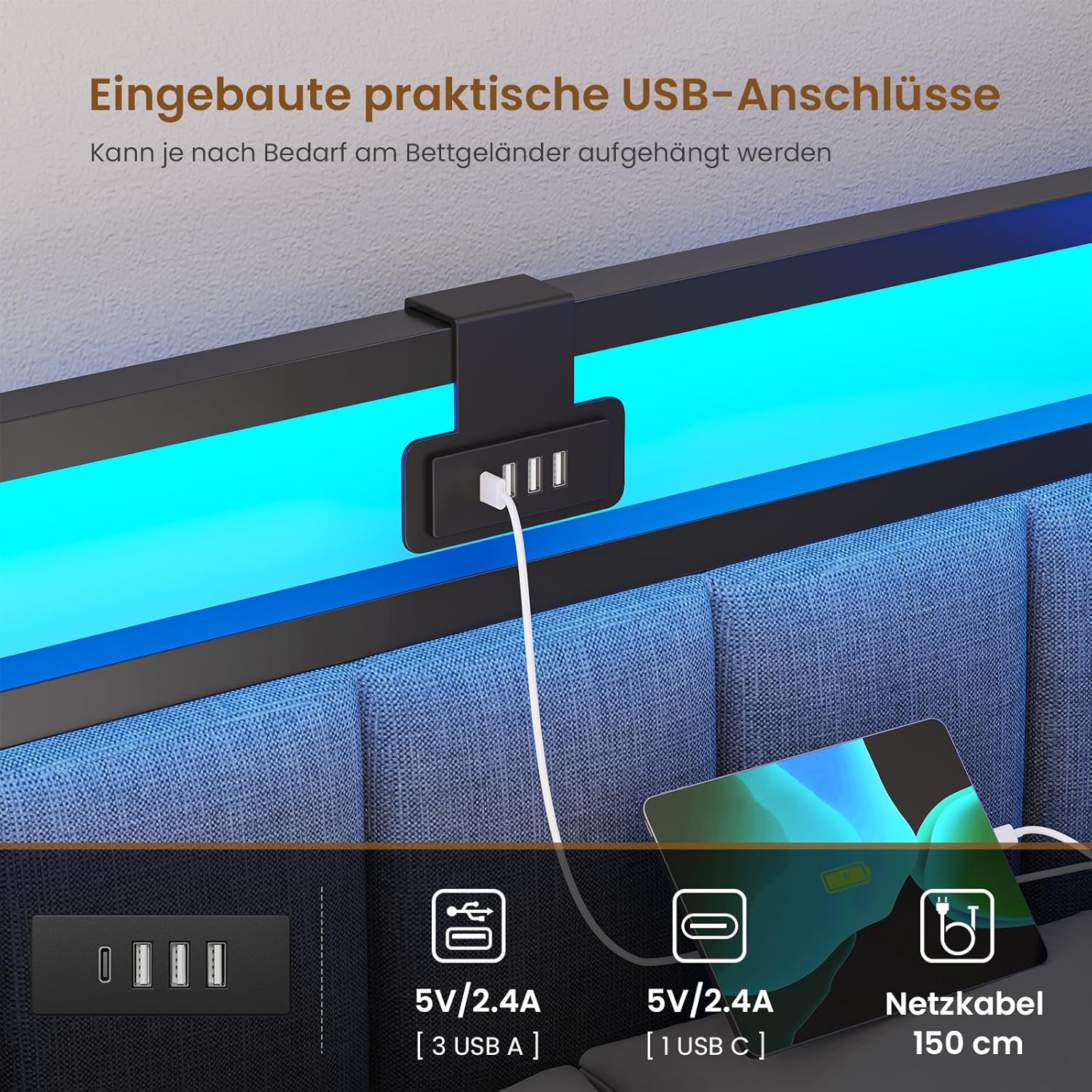 DICTAC Polsterbett Schlafsofa mit LED & USB, Metallrahmen, 2 Schubladen, modern