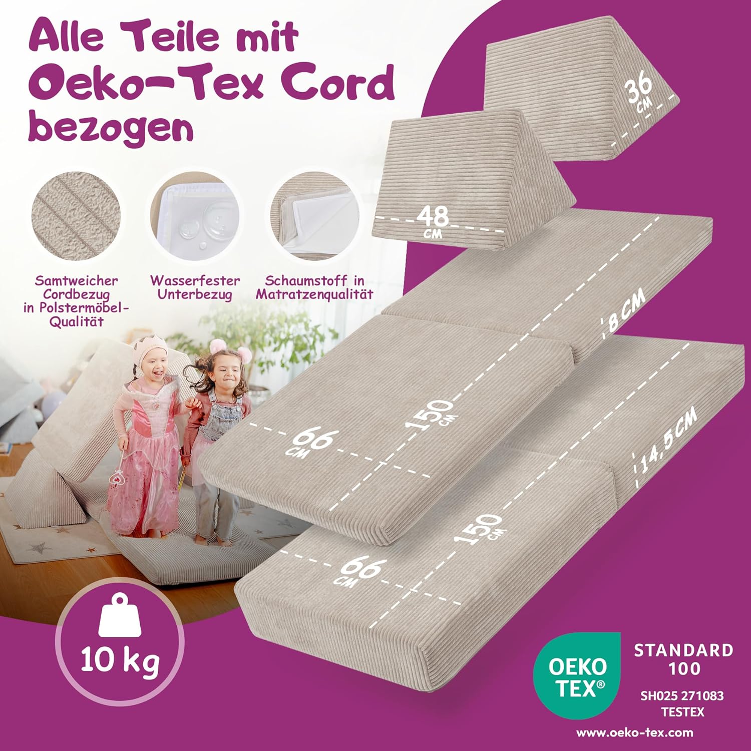 Linodino® Spielsofa Cord | Kindersofa aus Schaumstoff Bausteine - Spielsofa für Kinder & Kuschelecke im Kinderzimmer | Kindercouch | Oeko-TEX 100 Zertifiziert | Elfenzauber Beige