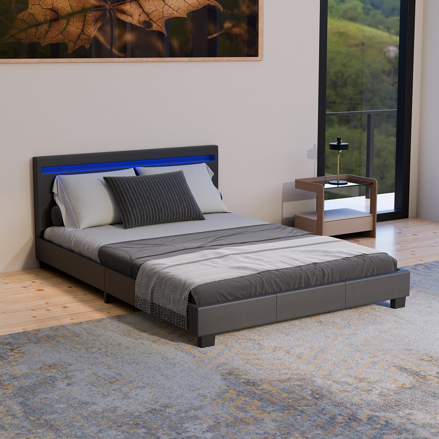 Juskys Polsterbett Paris 90x200 cm mit LED-Beleuchtung, Lattenrost & Kopfteil, Bett mit Gestell aus Holz & Webstoff Bezug, grau