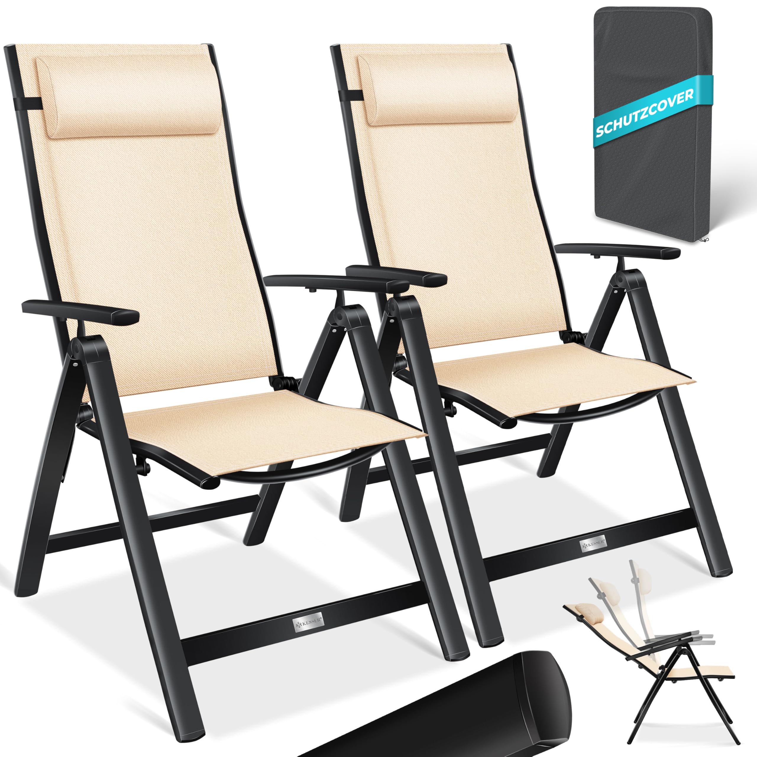 KESSER® Gartenstuhl Hochlehner mit Armlehnen 2er Set Aluminium Klappstuhl mit Kopfkissen & Abdeckung Campingstuhl 7-Fach Verstellbar Rückenlehne Atmungsaktiv Wetterfest Klappbar Anti-Rutsch, Anthrazit