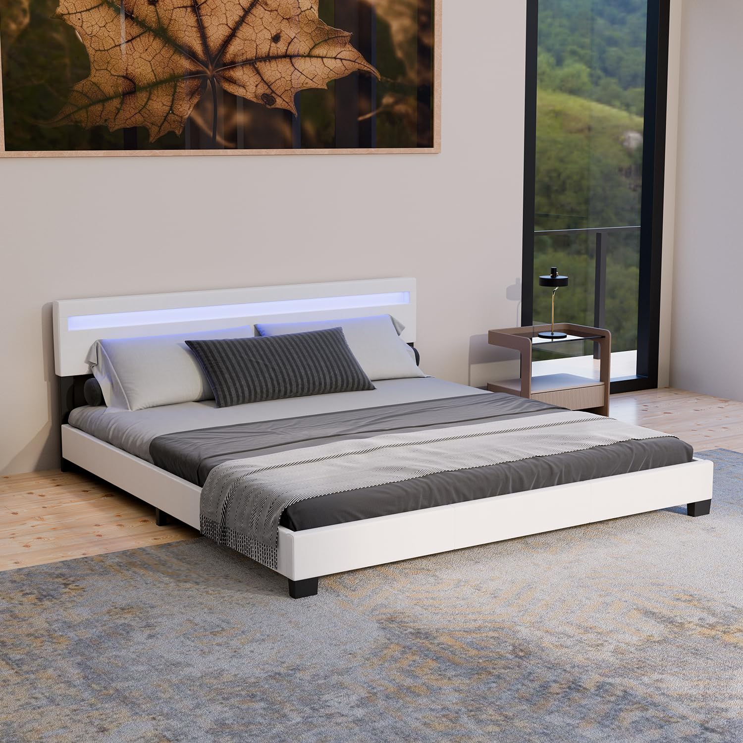 Juskys Polsterbett Paris 90x200 cm mit LED-Beleuchtung, Lattenrost & Kopfteil, Bett mit Gestell aus Holz & Webstoff Bezug, grau