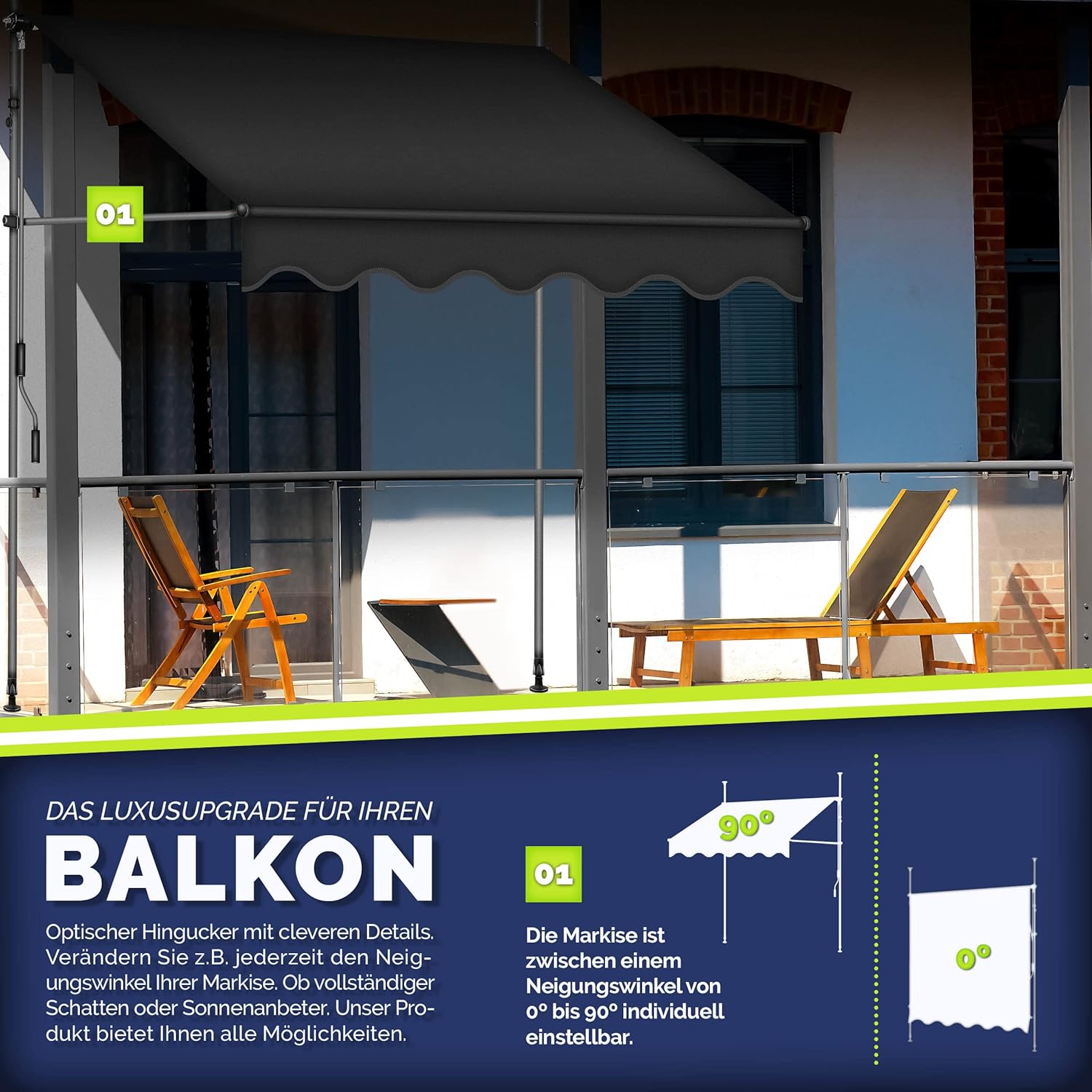tillvex Balkonmarkise Klemmmarkise – UV50+, Wasserdicht, Höhen- und Winkelverstellbar