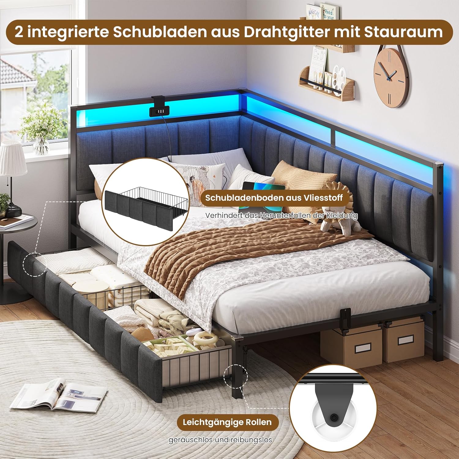DICTAC Polsterbett Schlafsofa mit LED & USB, Metallrahmen, 2 Schubladen, modern