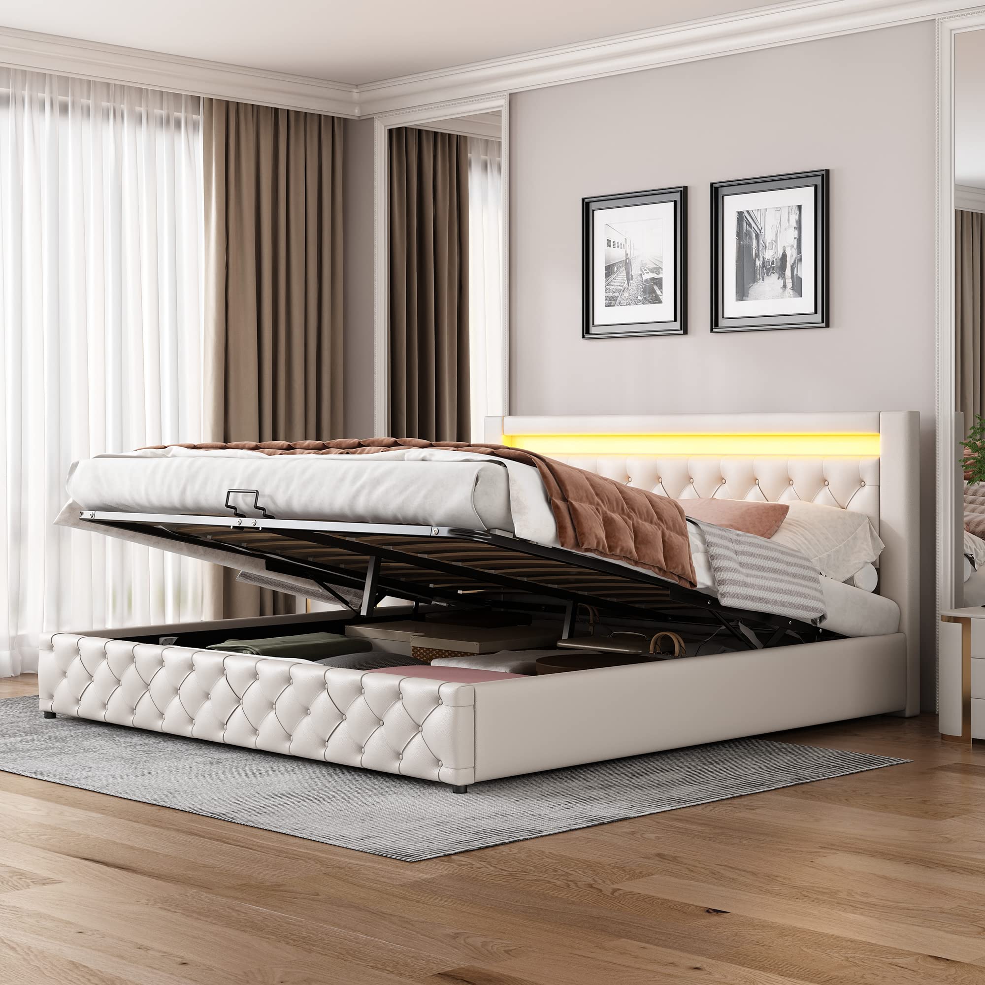 Merax Polsterbett 140x200cm mit Stauraum, Doppelbett mit Kopfteil und Lattenrost, Hydraulisches Funktionsbett für Jugend, Erwachsene, Samtstoff, Beige (Ohne Matratze)