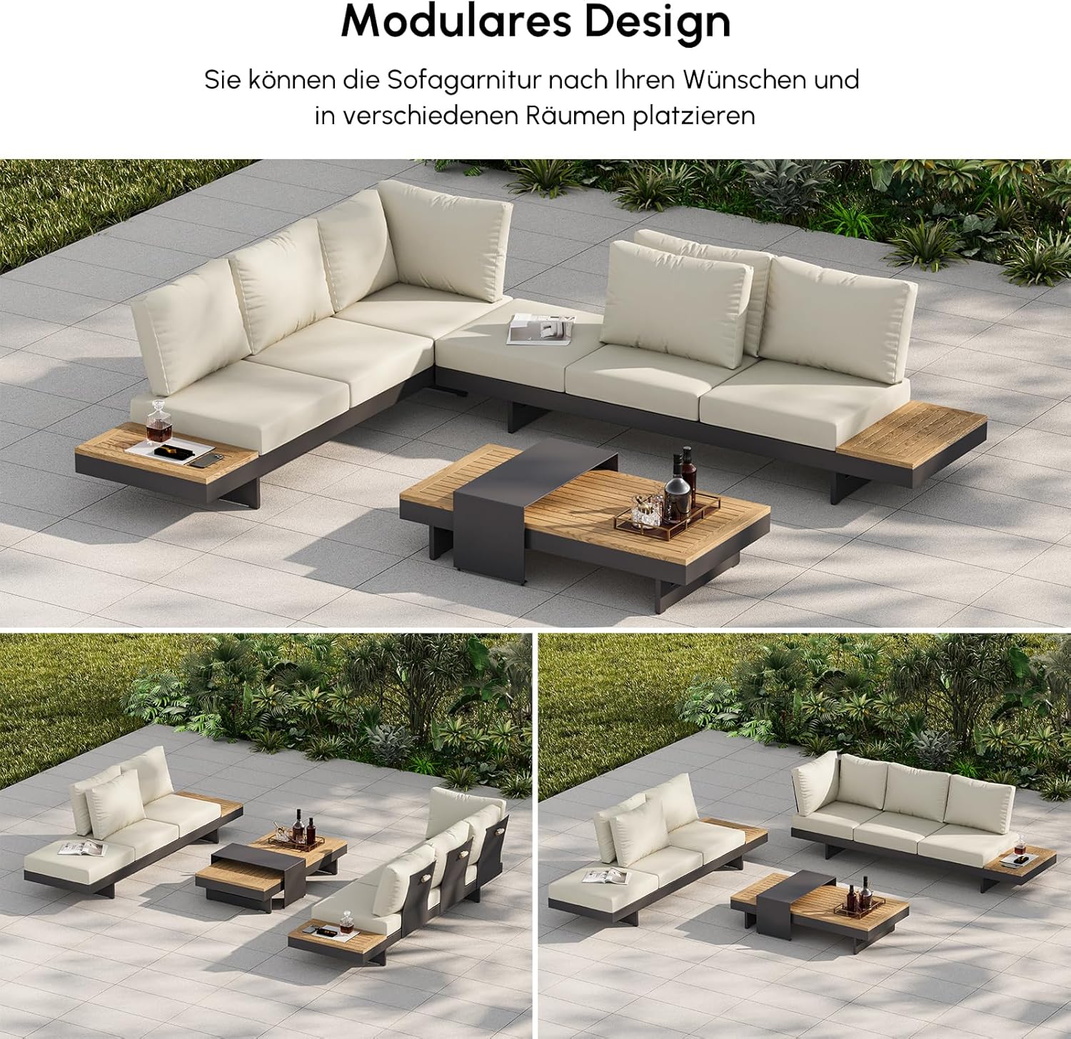 Homary 6-teiliges Outdoor Sofa Set – Aluminium & Teak Gartenlounge mit Feuerstelle, modular, wetterfest