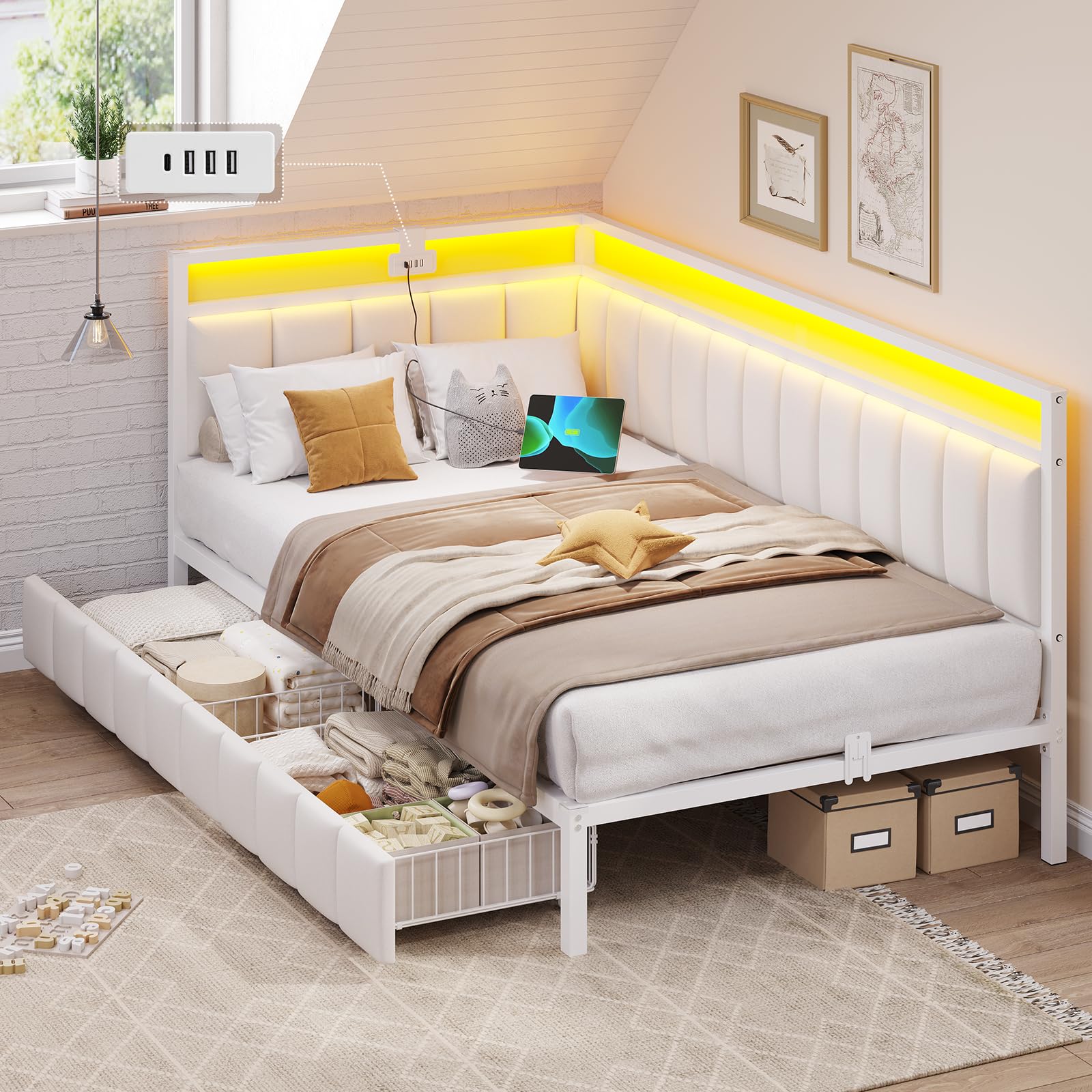 DICTAC Polsterbett Schlafsofa mit LED & USB, Metallrahmen, 2 Schubladen, modern