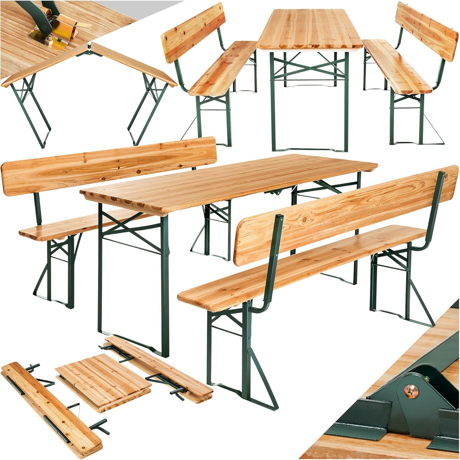 tectake® Bierzeltgarnitur mit Lehne, Biertisch Klapptisch mit 2X Sitzbank mit Lehne, Gartenmöbel Set, Camping Zubehör, Klapptisch Esstisch, Camping Tisch faltbar, Balkontisch, Campingtisch klappbar