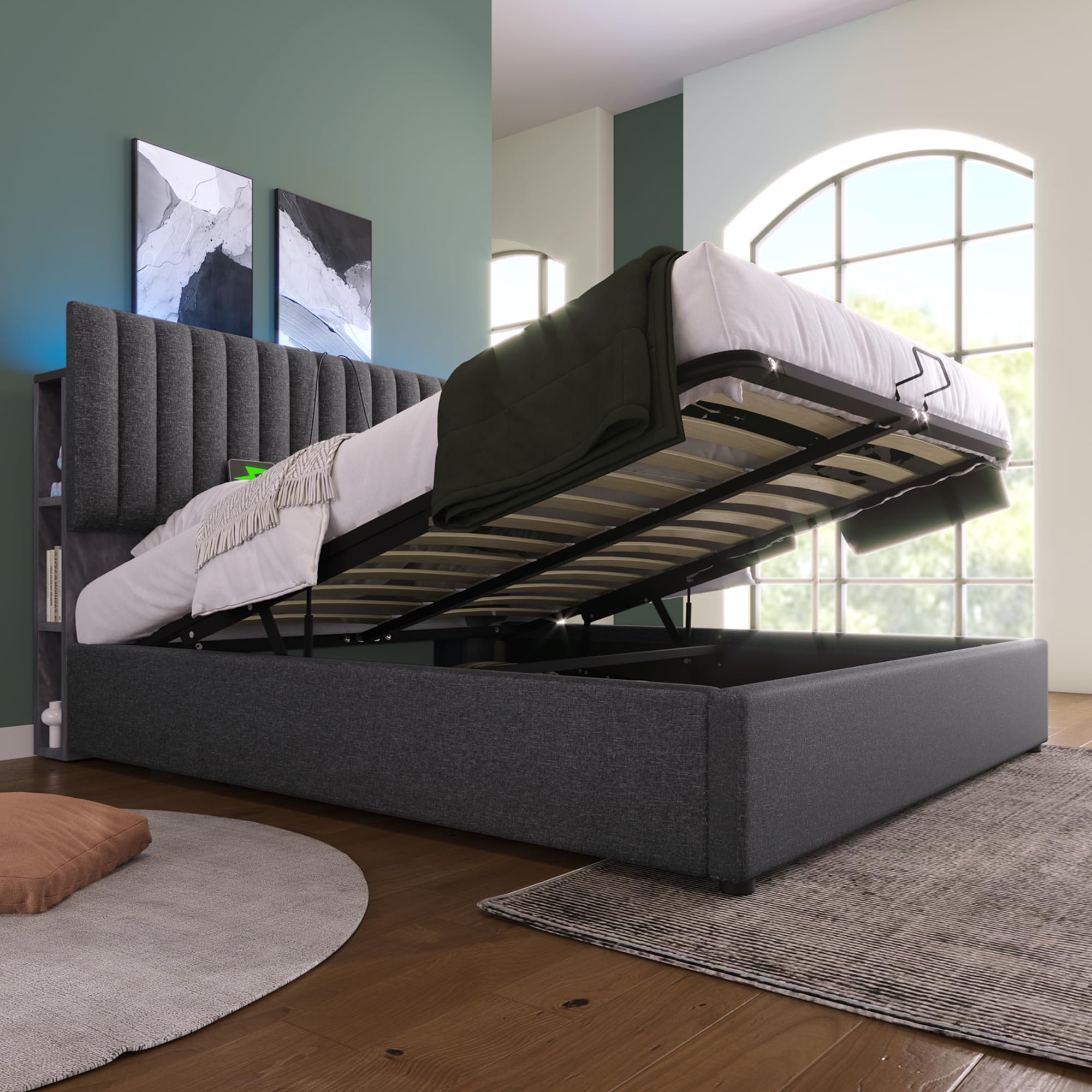 Merax Polsterbett 140x200cm mit Stauraum, Doppelbett mit Kopfteil und Lattenrost, Hydraulisches Funktionsbett für Jugend, Erwachsene, Samtstoff, Beige (Ohne Matratze)