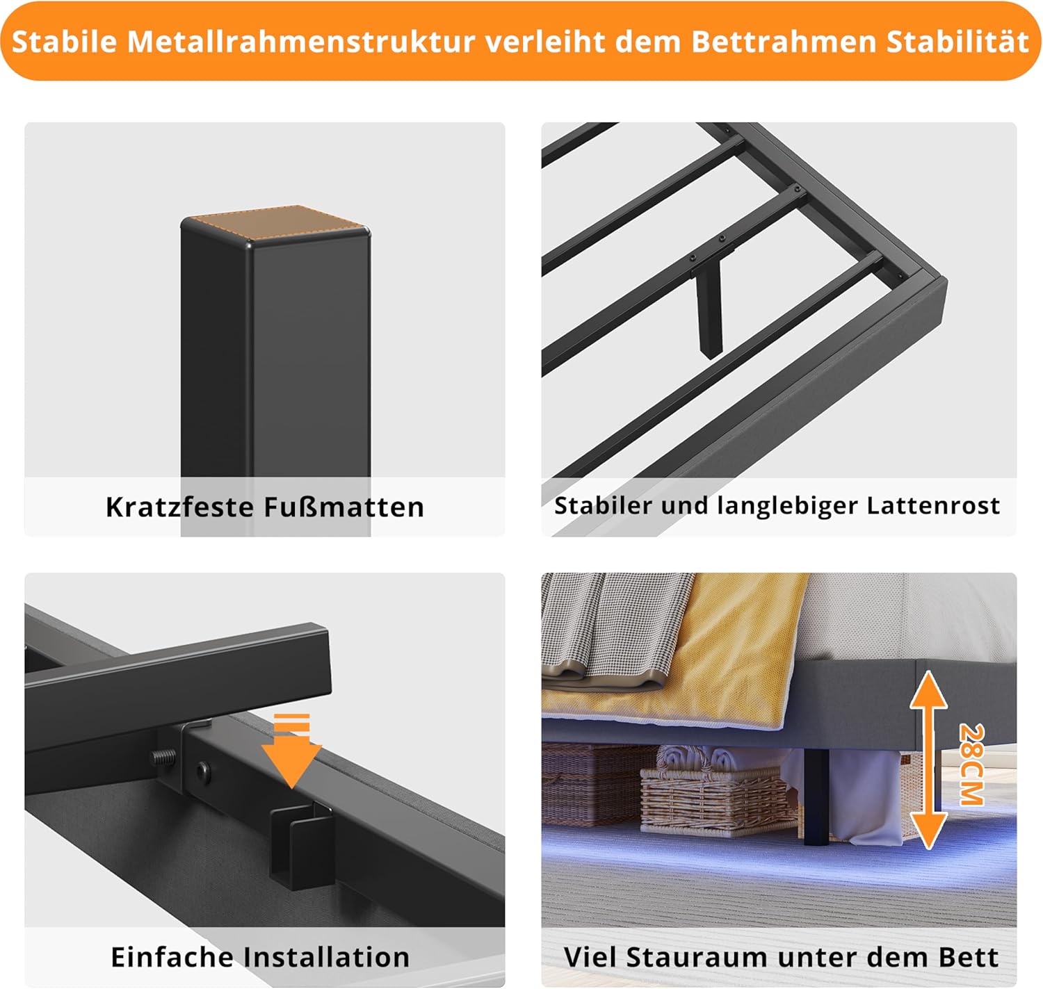 IRONCK Bett 140x200 mit LED Beleuchtung und Ladestation, Bettgestell 140x200 cm mit weicher Polsterung, Floating Bed Frame, Bettrahmen 140x200cm, Jugendbett, Metallbett mit Lattenrost Doppelbett, Grau