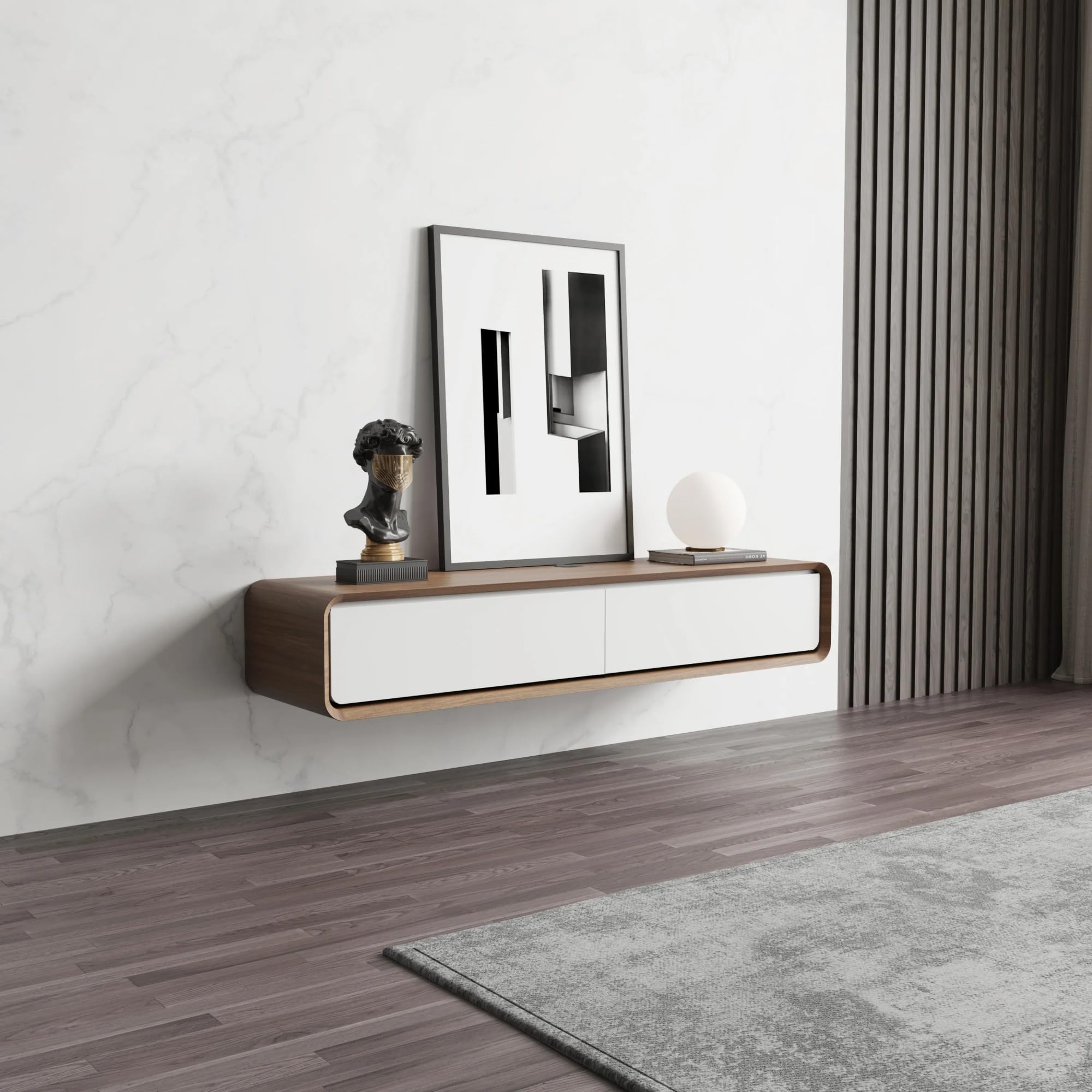 POVISON TV Schrank schwebend 160cm schwarz modern Walnussholz aus Massivholz mit 3 Schubladen, TV Lowboard hängend mit Kabelmanagement hochwertig, Komplettmöbel mit Stauraum für Wohnzimmer