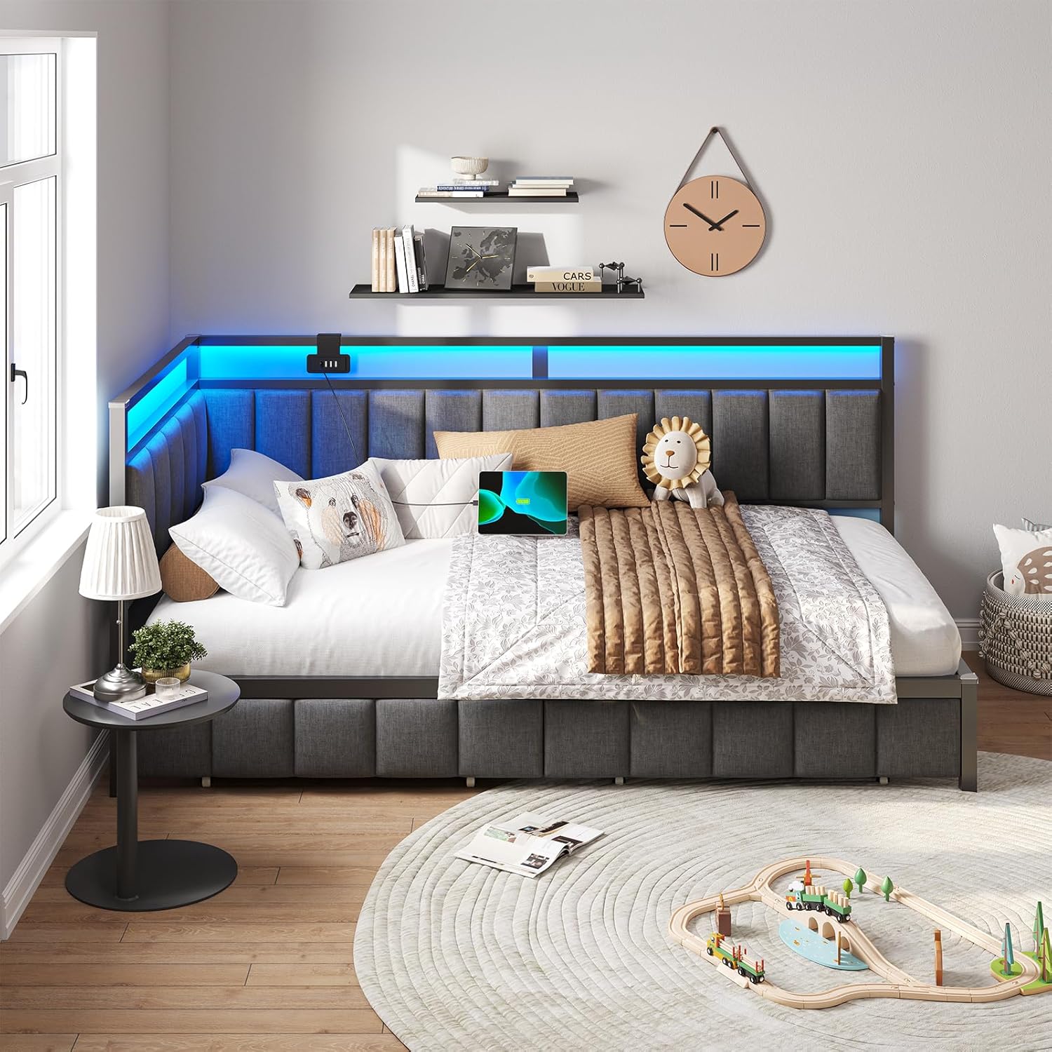 DICTAC Polsterbett Schlafsofa mit LED & USB, Metallrahmen, 2 Schubladen, modern