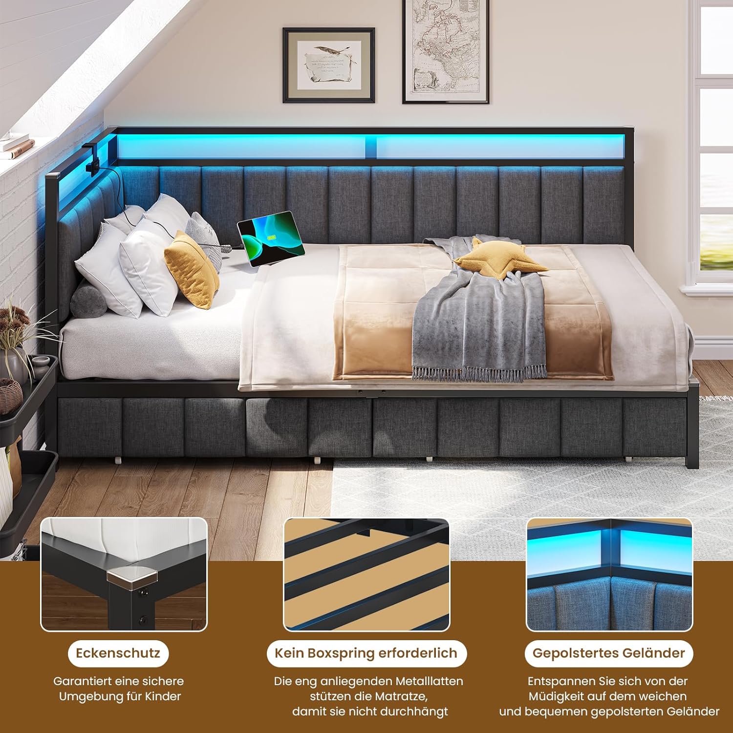 DICTAC Polsterbett Schlafsofa mit LED & USB, Metallrahmen, 2 Schubladen, modern