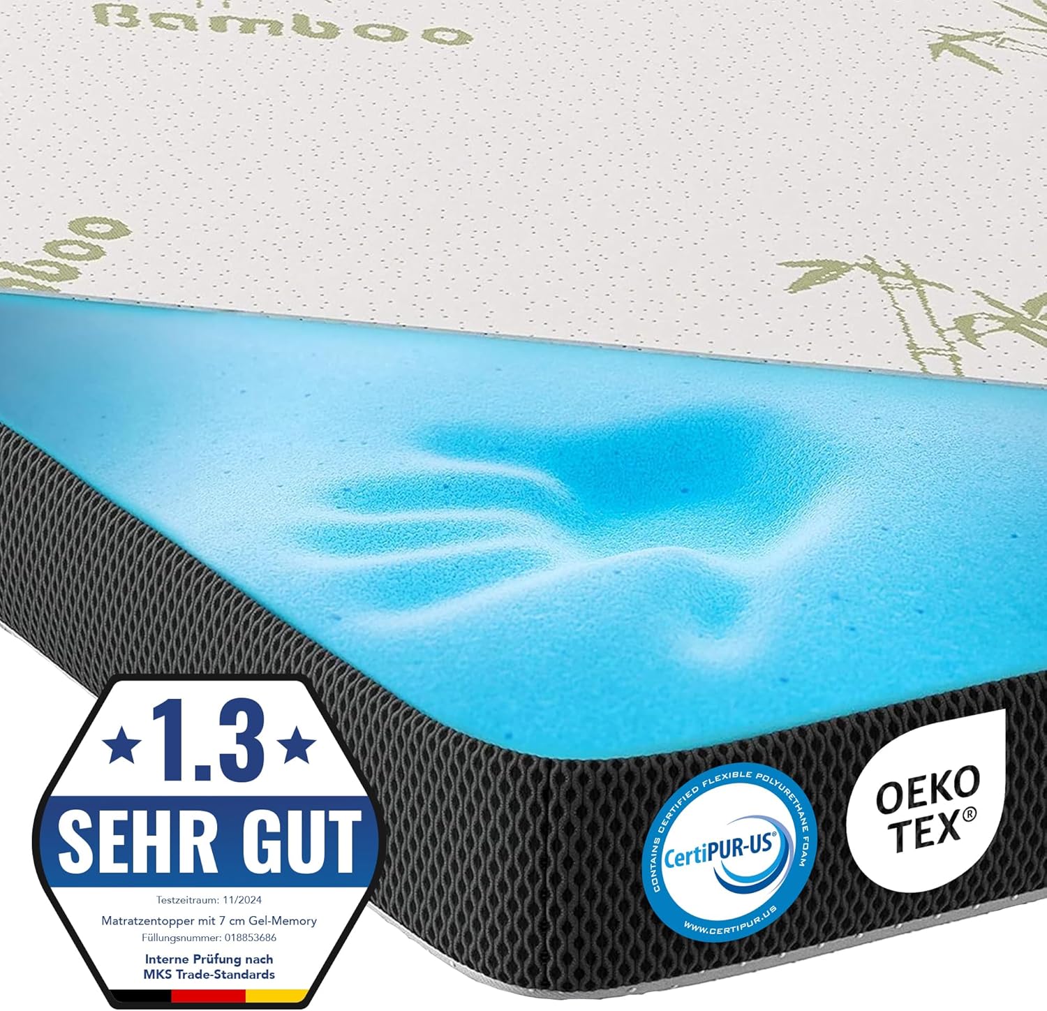 MKS.® Gel Topper 200x200 cm, H2 H3 Matratzentopper mit 7 cm Gel-Memory-Schaum, KomfortKissen Matratzenauflage mit 3D-Luftstrom, Viskoelastische Matratzenauflagen mit abnehmbarem Bambusbezug