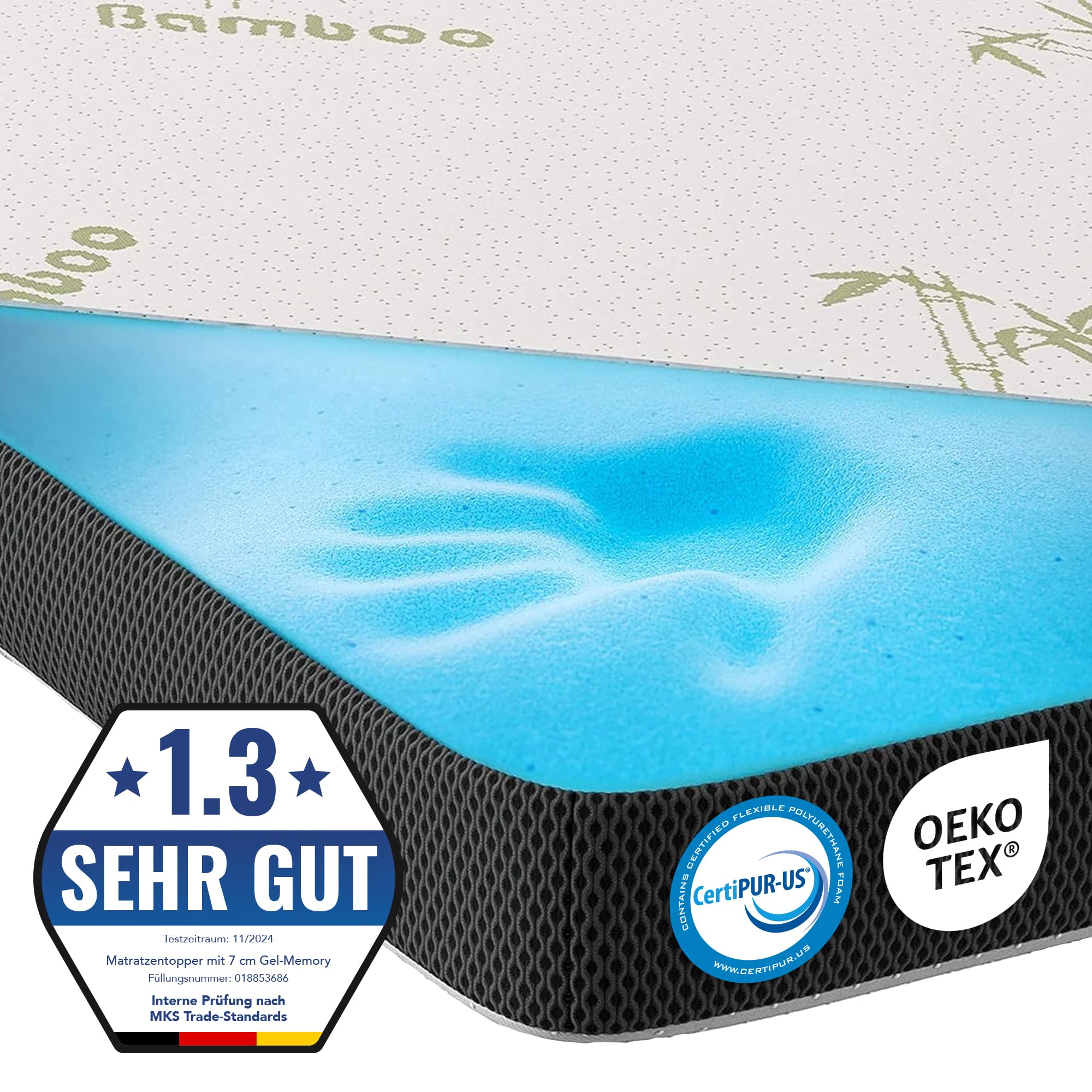 MKS.® Gel Topper 200x200 cm, H2 H3 Matratzentopper mit 7 cm Gel-Memory-Schaum, KomfortKissen Matratzenauflage mit 3D-Luftstrom, Viskoelastische Matratzenauflagen mit abnehmbarem Bambusbezug