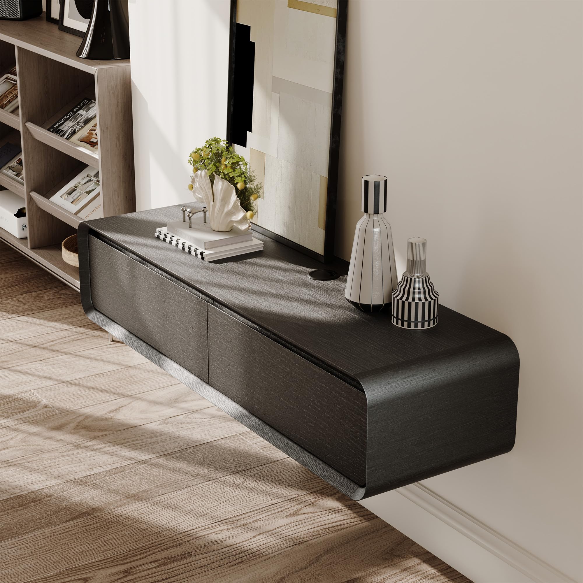 POVISON TV Schrank schwebend 160cm schwarz modern Walnussholz aus Massivholz mit 3 Schubladen, TV Lowboard hängend mit Kabelmanagement hochwertig, Komplettmöbel mit Stauraum für Wohnzimmer