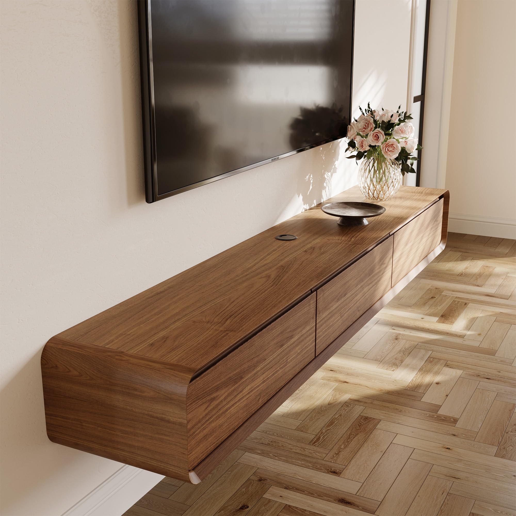 POVISON TV Schrank schwebend 160cm schwarz modern Walnussholz aus Massivholz mit 3 Schubladen, TV Lowboard hängend mit Kabelmanagement hochwertig, Komplettmöbel mit Stauraum für Wohnzimmer