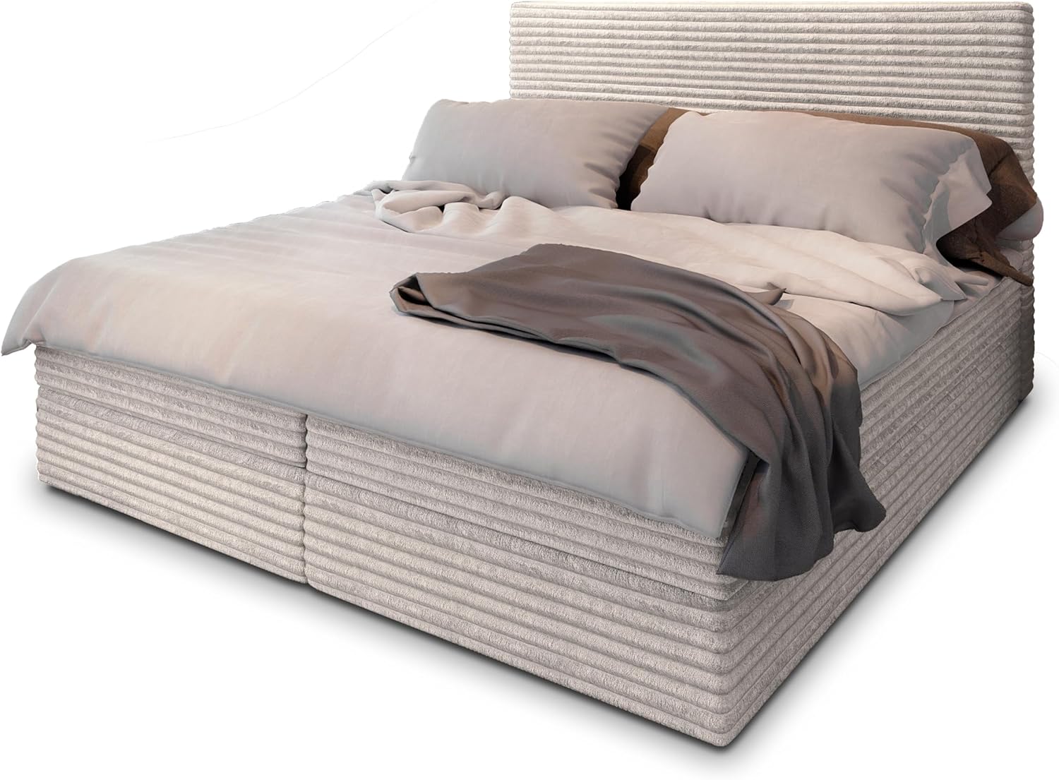 Masseno Boxspringbett PISA 140x200 cm Komplett-Set mit Matratze und Topper, Polsterbett mit Zwei Bettkästen -Creme, TILIA 03