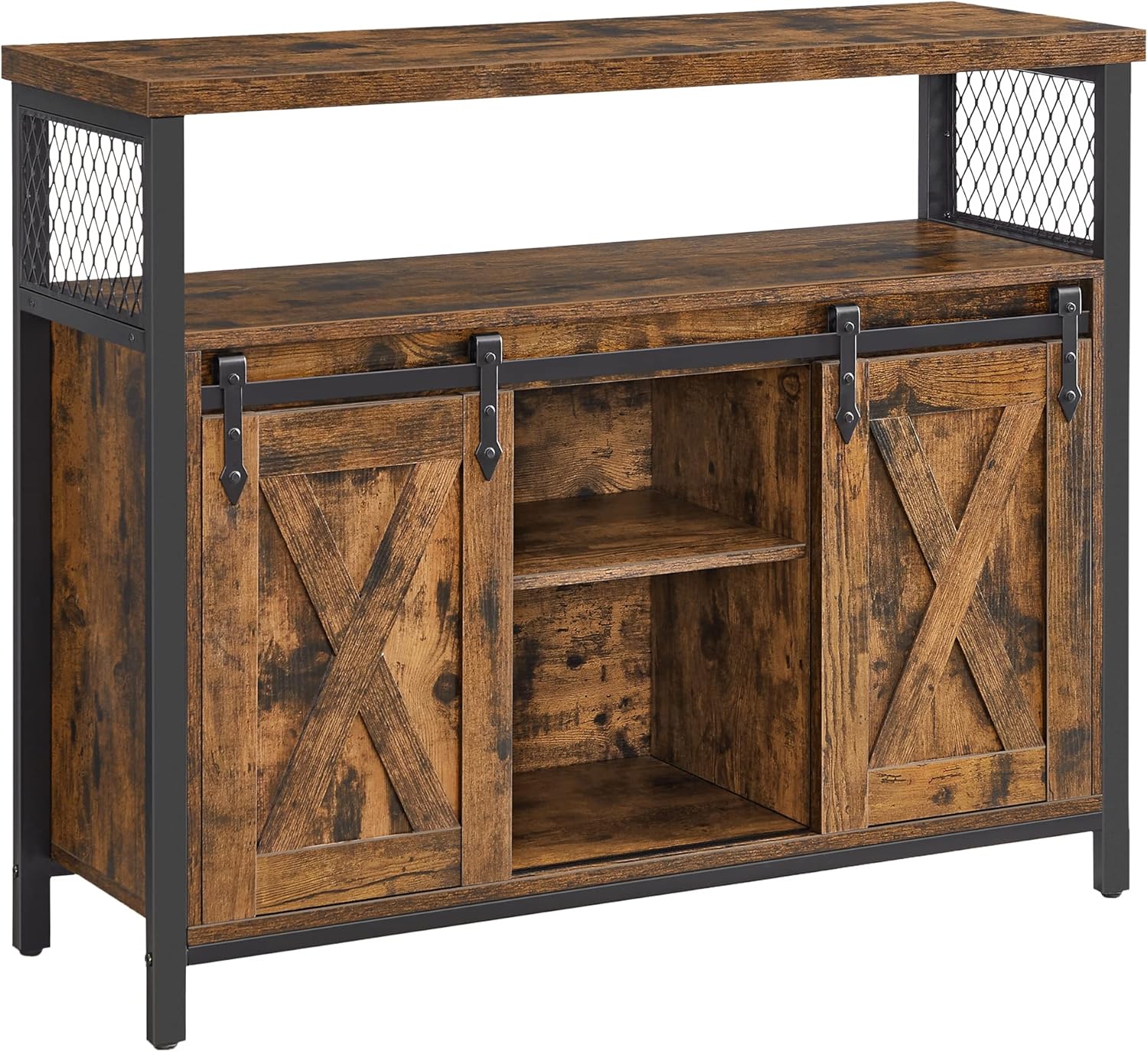 VASAGLE Sideboard, Küchenschrank, Aufbewahrungsschrank, mit 2 Schiebetüren, 33 x 100 x 80 cm, verstellbare Ablagen, Landhausstil, für Wohnzimmer, vintagebraun-schwarz LSC092B01