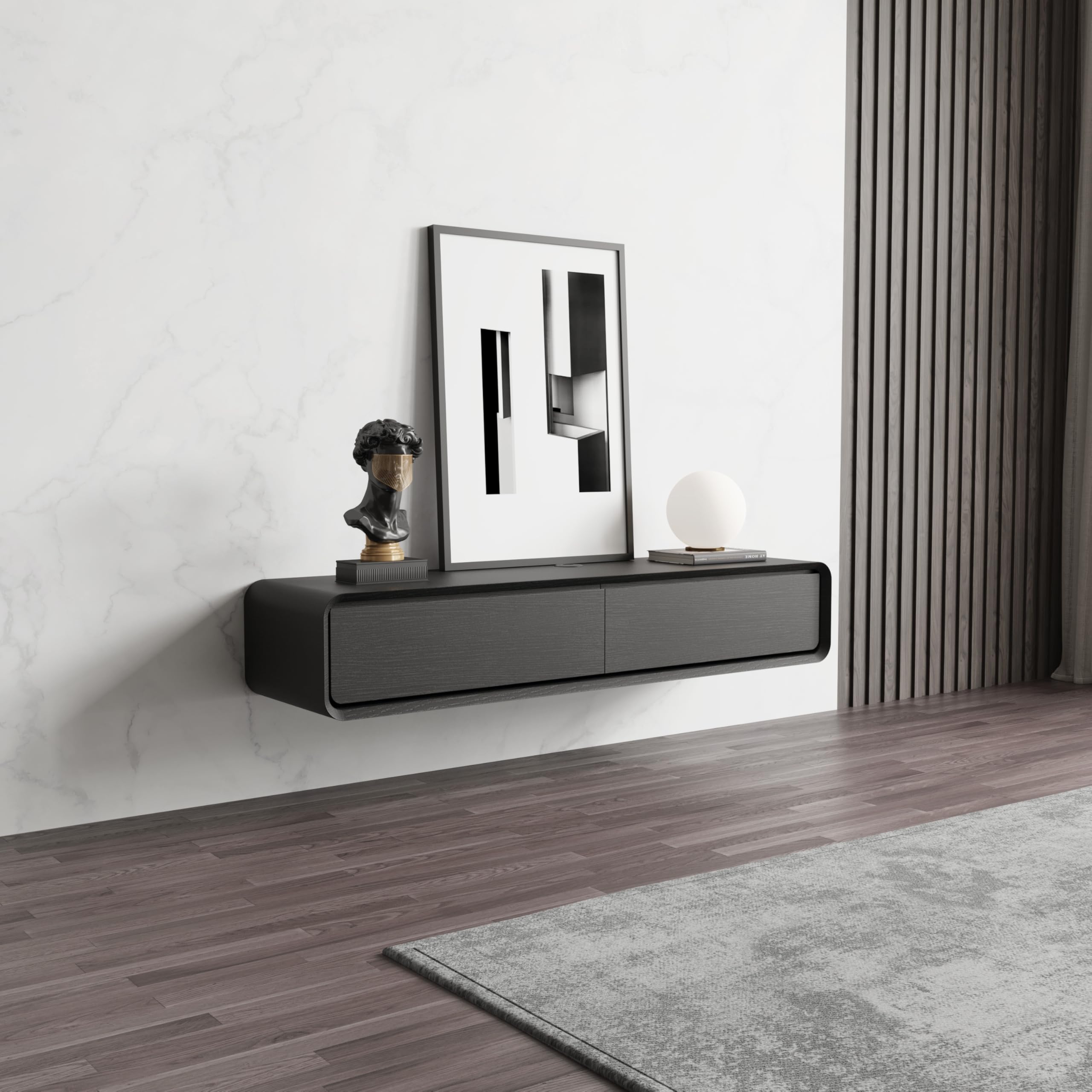 POVISON TV Schrank schwebend 160cm schwarz modern Walnussholz aus Massivholz mit 3 Schubladen, TV Lowboard hängend mit Kabelmanagement hochwertig, Komplettmöbel mit Stauraum für Wohnzimmer