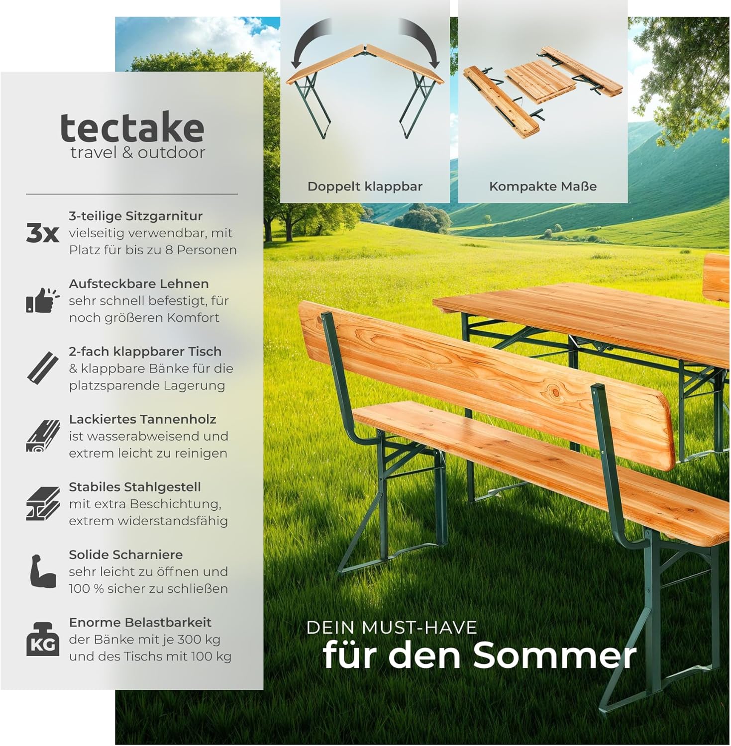 tectake Bierzeltgarnitur mit Lehne – Klappbares Gartenmöbel Set aus Holz & Stahl für bis zu 8 Personen